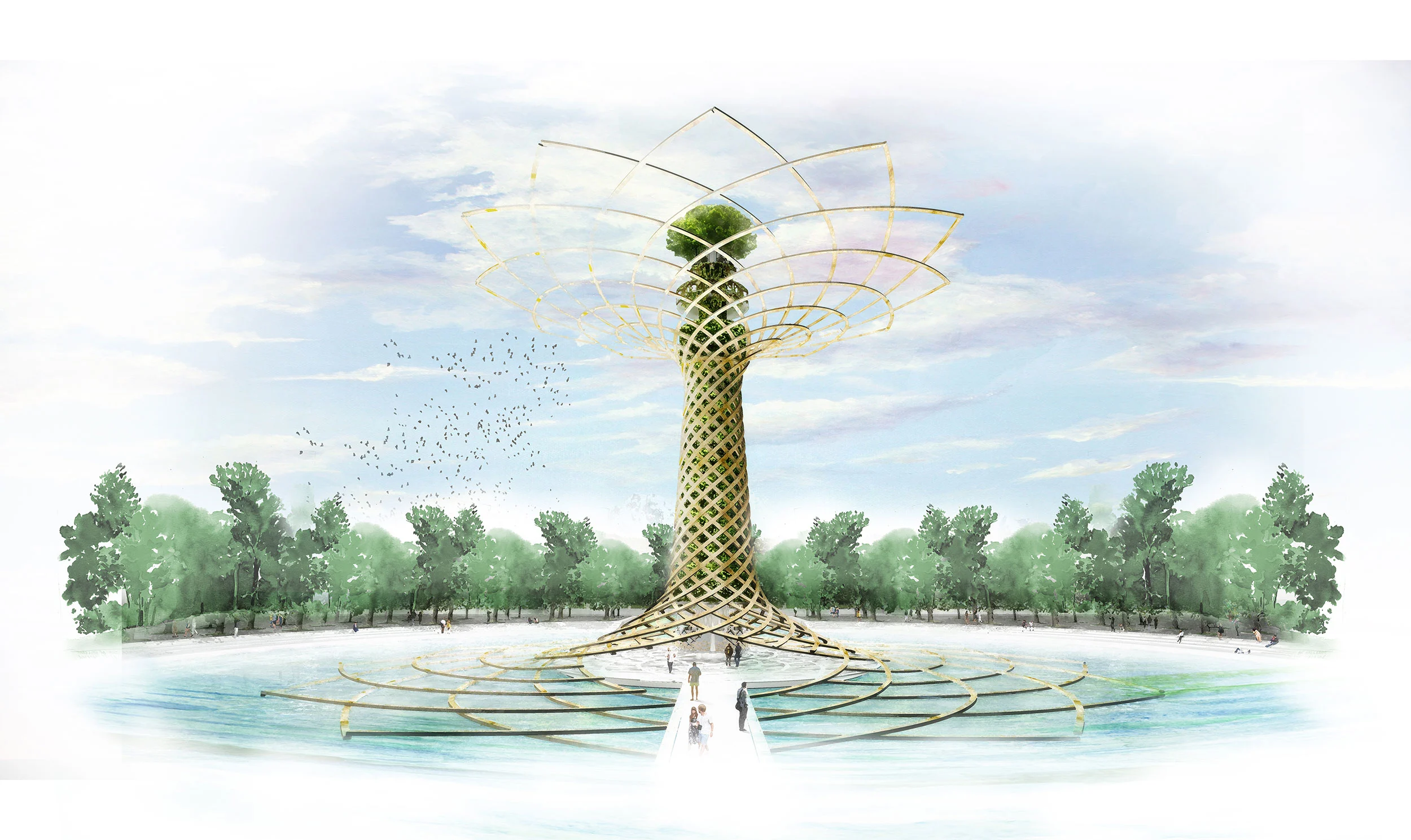 Sketch of the Tree of Life: woven trunk and open crown rising from a circular pool among trees – Albero della Vita at Expo 2015, Milan, Italy – installation design