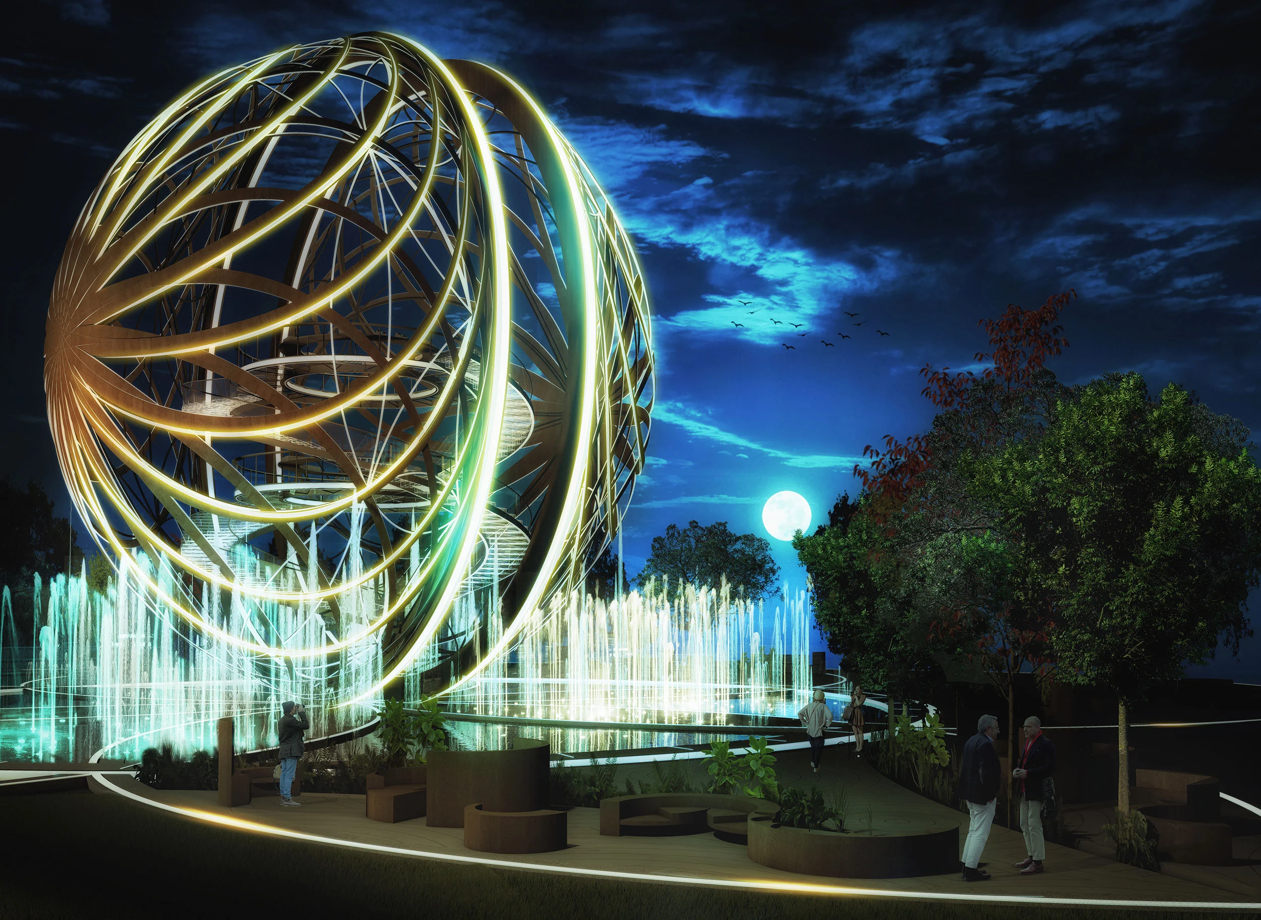 Night render of the Leosphere with gold-lit ribs, a full moon and trees beside the illuminated fountains – Leosphere, Chicago, United States, 2022 – architecture concept