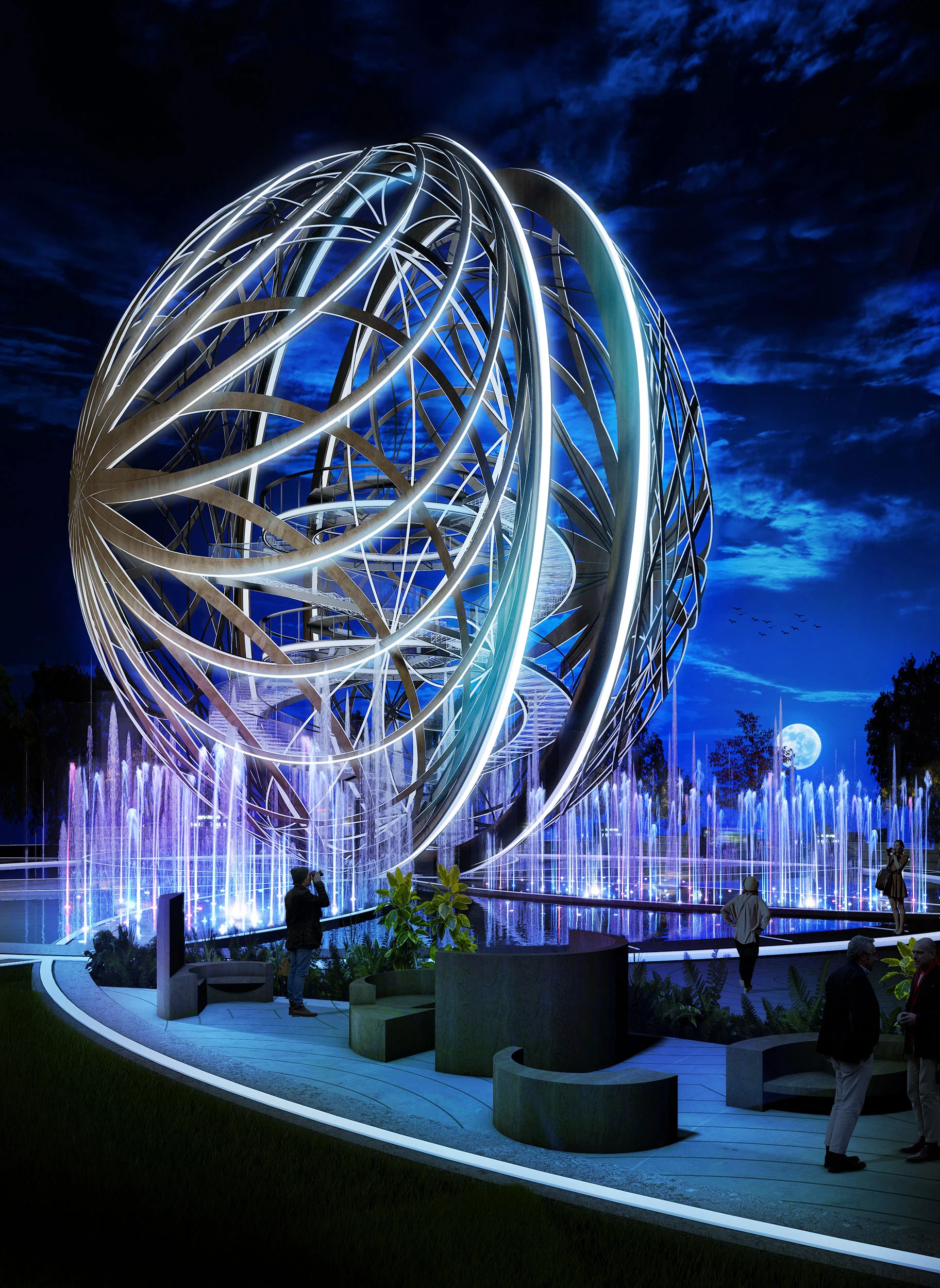 Night render of the Leosphere: a glowing open sphere of curved ribs above fountains, visitors on a path – Leosphere, Chicago, United States, 2022 – architecture concept