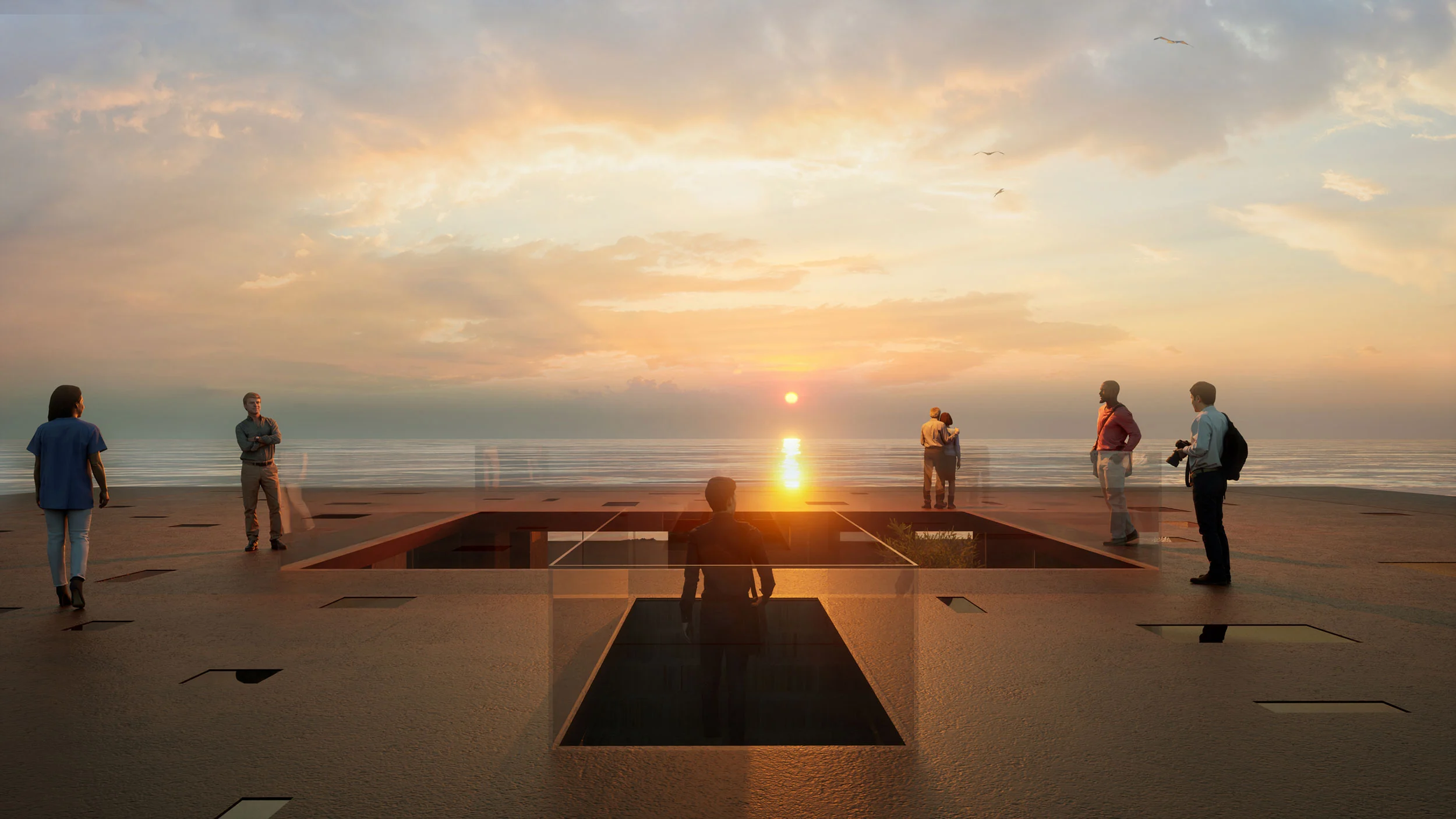 Render of the visitor center's roof at sunset over the sea, with glass-edged openings and visitors – Visitor Center Oman, Oman, 2022 – architecture