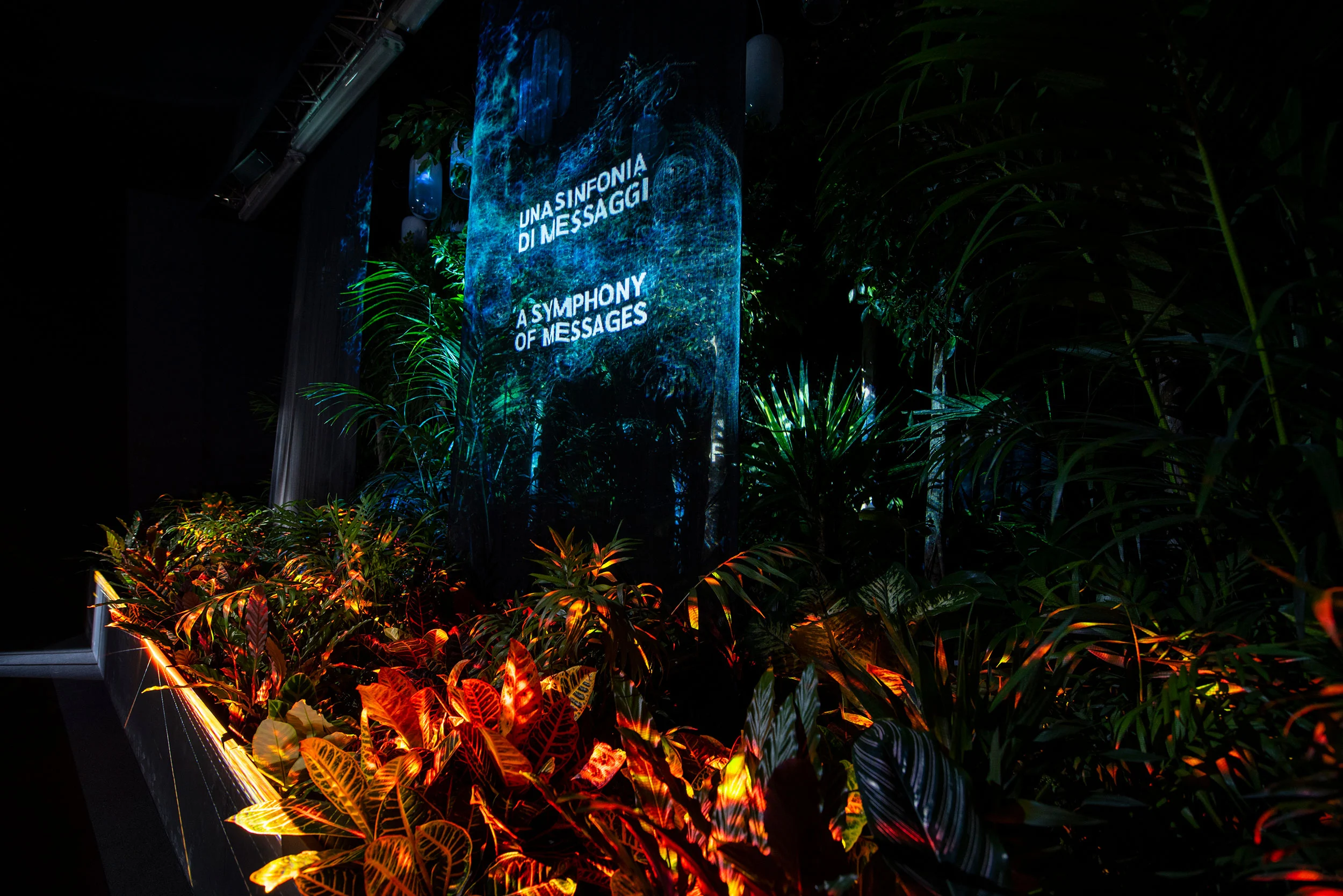 Lush plants in warm light below a projection reading A Symphony of Messages – La Nazione delle Piante at Triennale, Milan, Italy, 2019 – exhibition design