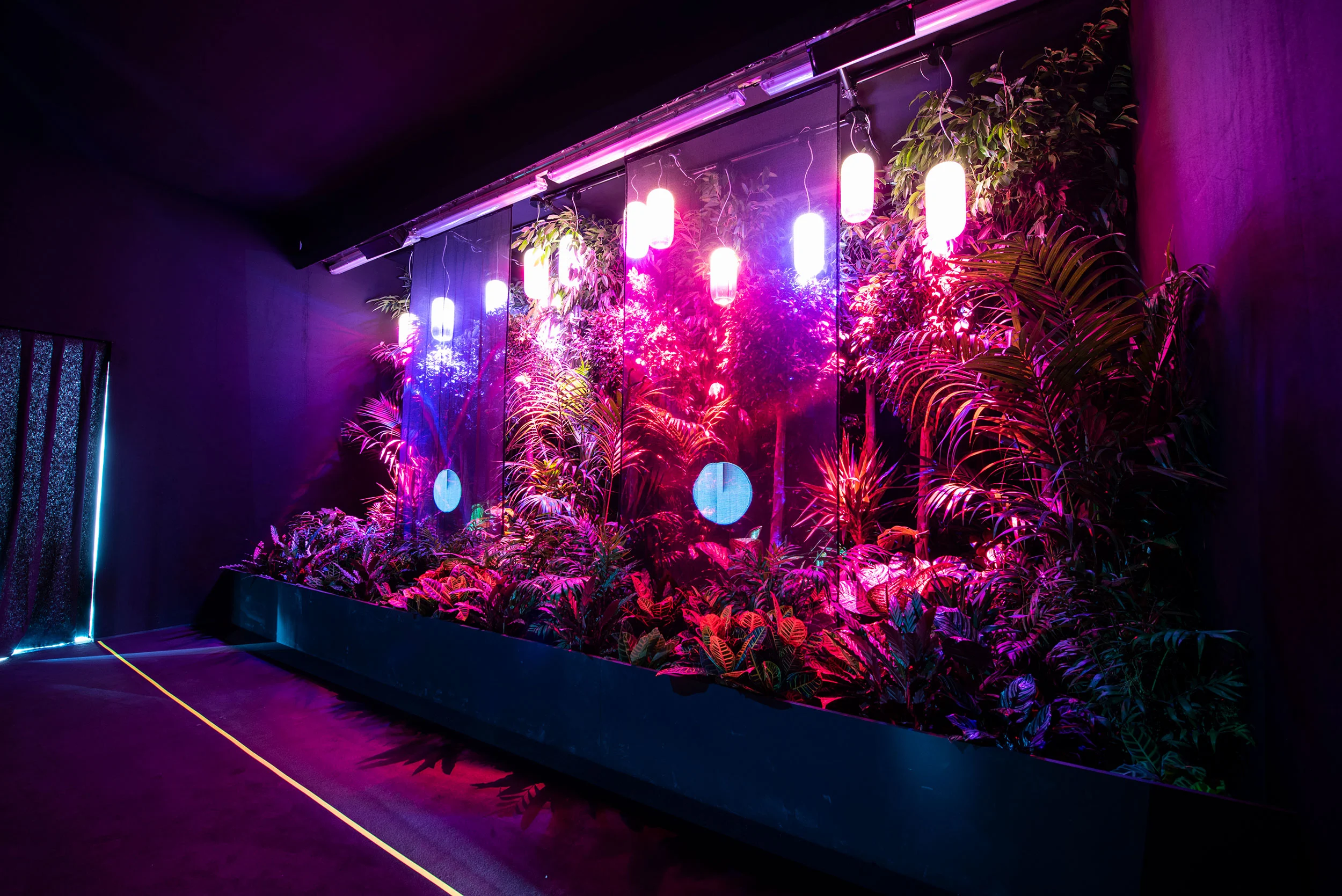 Dark room with a long planter of tropical plants lit in pink and purple, with lamps hanging above – La Nazione delle Piante at Triennale, Milan, Italy, 2019 – exhibition design