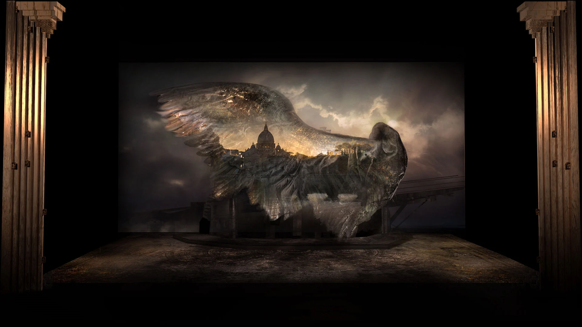 Render of the Tosca set: a giant angel wing enclosing St Peter's dome under a stormy sky – Tosca at La Scala, Milan, Italy, 2019 – opera set design