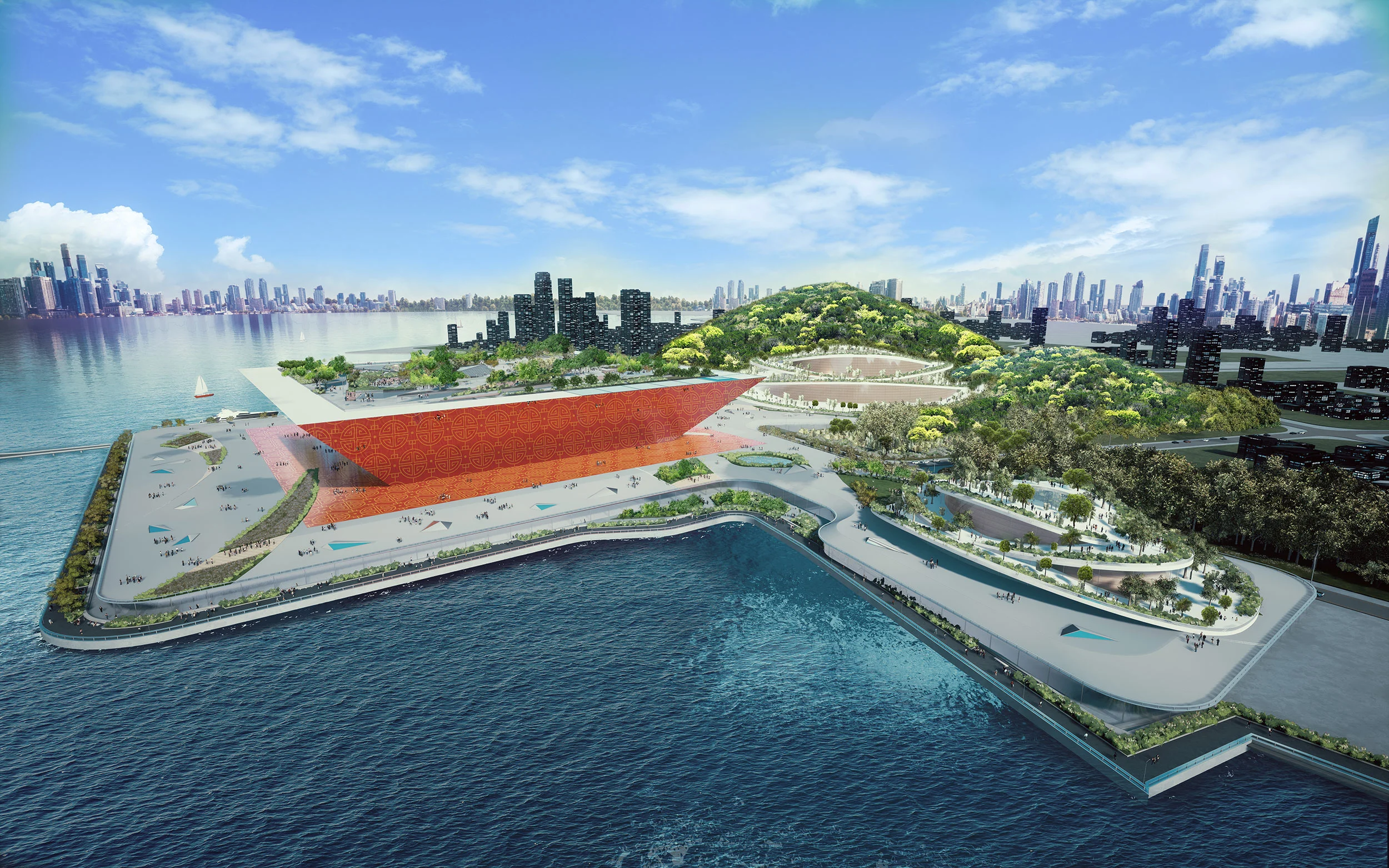 Aerial render of the opera house on a waterfront peninsula: a red faceted volume beside a green hill and skyline – Shenzhen Opera House, China, 2022 – architecture proposal