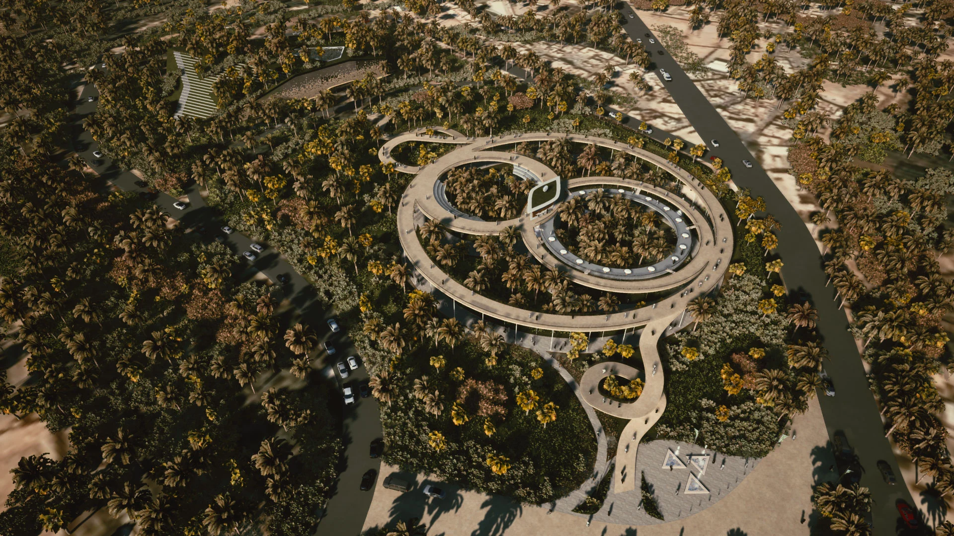 Aerial render of looping elevated walkways winding through a dense palm grove beside a road – Experience District, Diriyah, Saudi Arabia, 2022 – architecture proposal