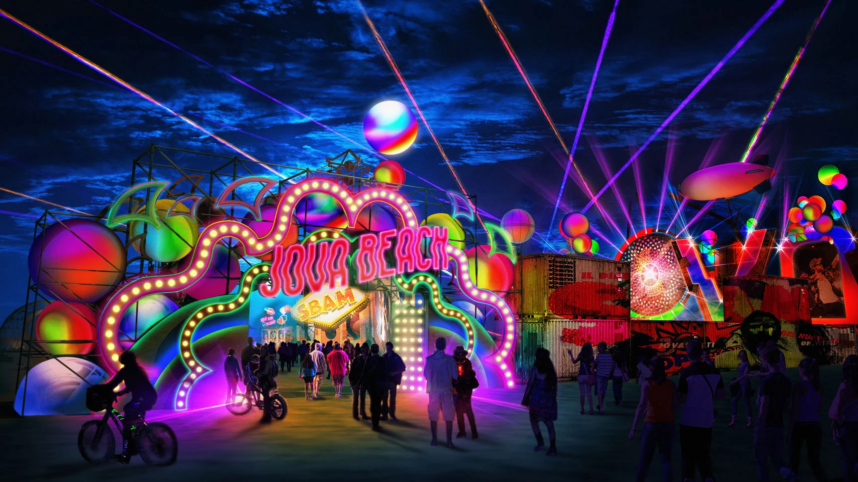 Render of the illuminated Jova Beach entrance arch at night, with neon shapes, lasers and floating spheres – Jova Beach Party 2019, Italy – concert stage design