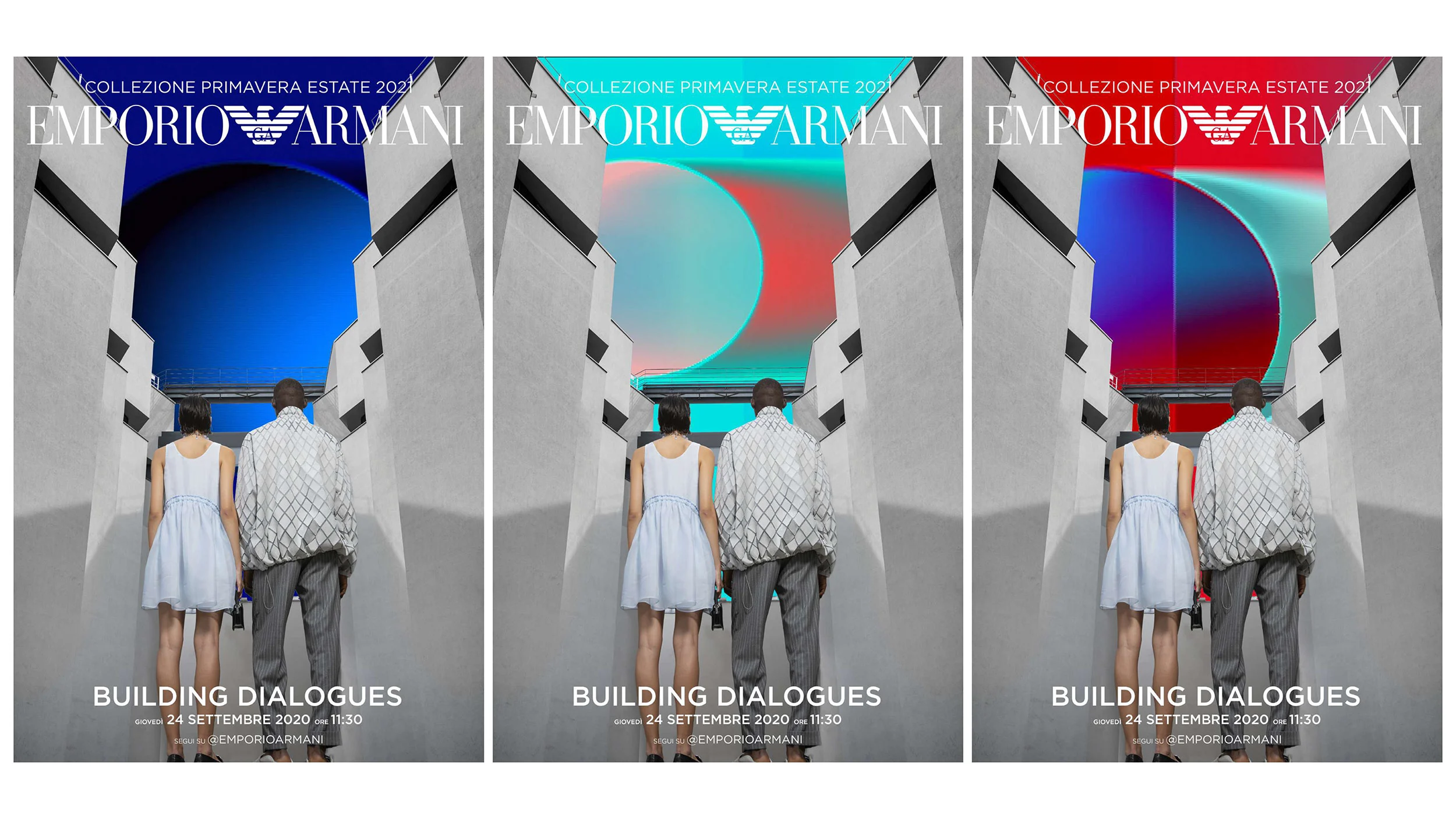 Three Building Dialogues posters: a couple between white buildings under a circle in blue, cyan and red – Giorgio Armani Building Dialogues Fashion Film, 2020 – art direction