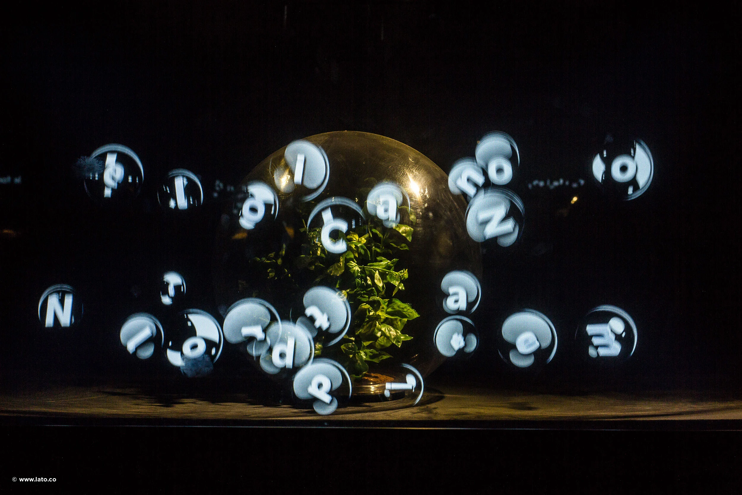 Glass sphere holding green plants, surrounded by projected floating letters on a dark background – Italian Pavilion at Expo 2015, Milan, Italy – exhibition design