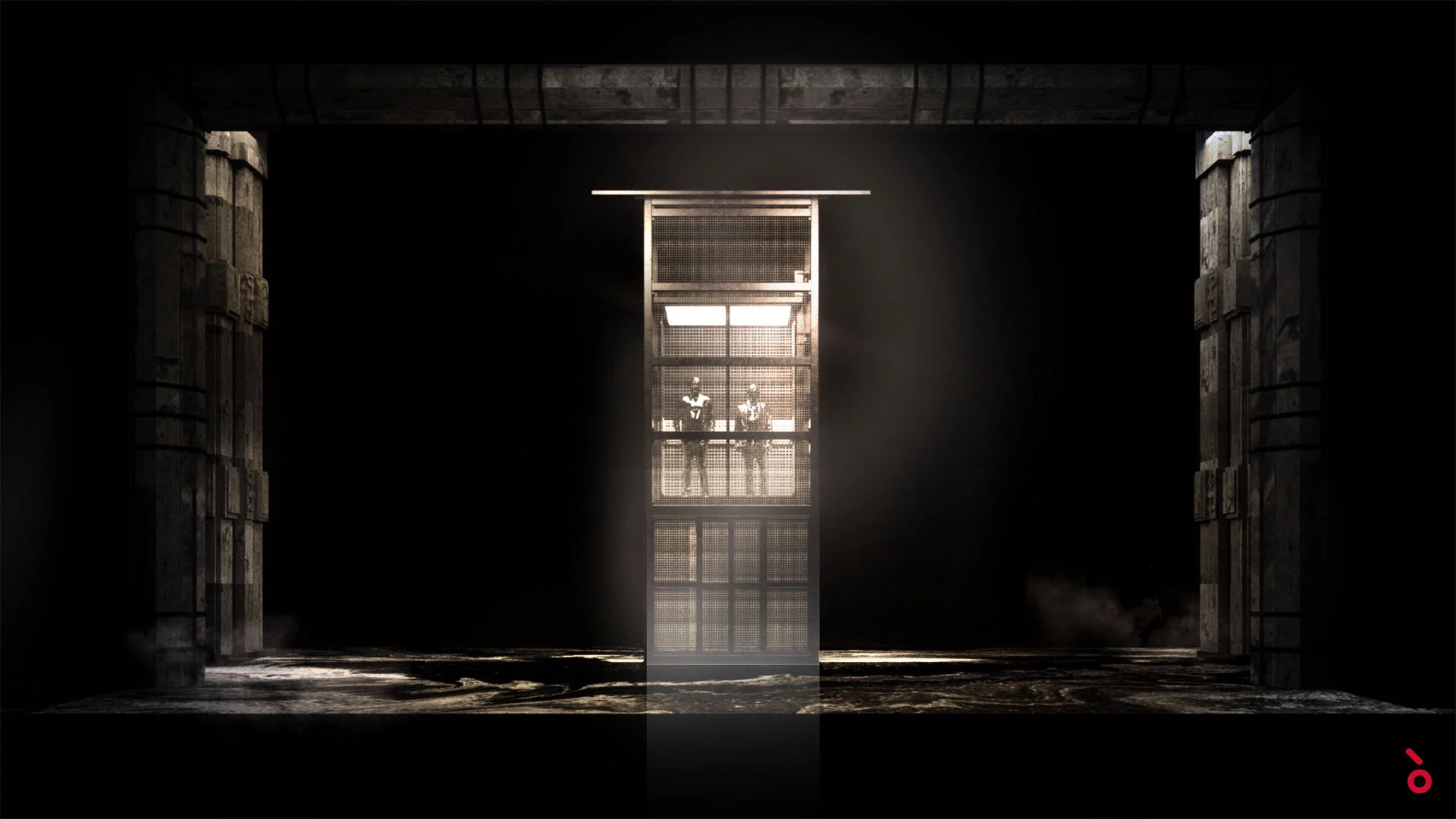 Render of a lit elevator cage with two figures, standing alone between dark concrete pillars – Macbeth at La Scala, Milan, Italy, 2021 – opera set design
