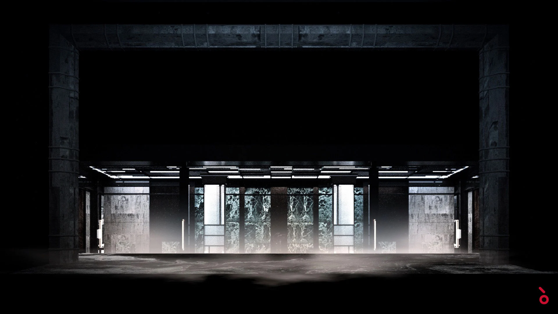 Render of a dark concrete hall with backlit marble panels and mist across the floor – Macbeth at La Scala, Milan, Italy, 2021 – opera set design