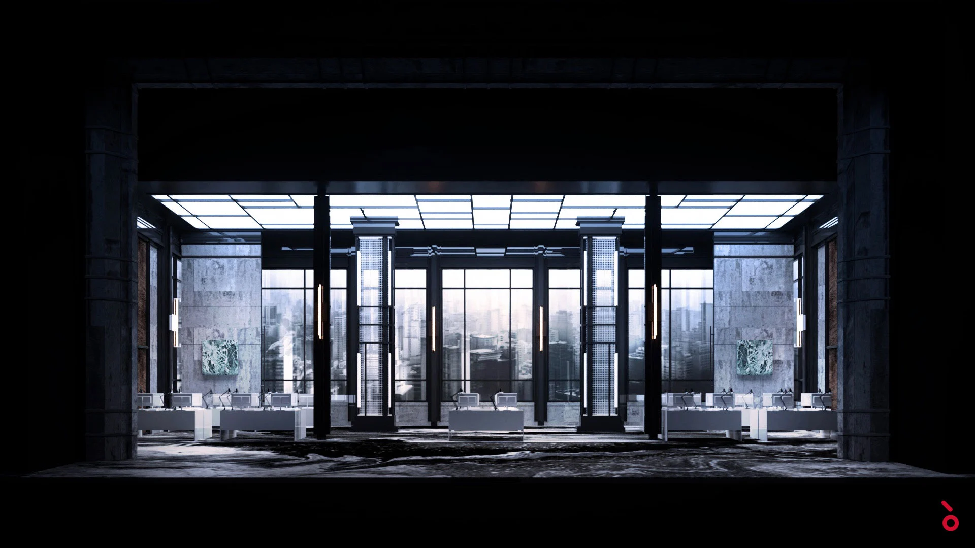 Render of a glass lobby with marble walls, white furniture and city towers beyond the windows – Macbeth at La Scala, Milan, Italy, 2021 – opera set design