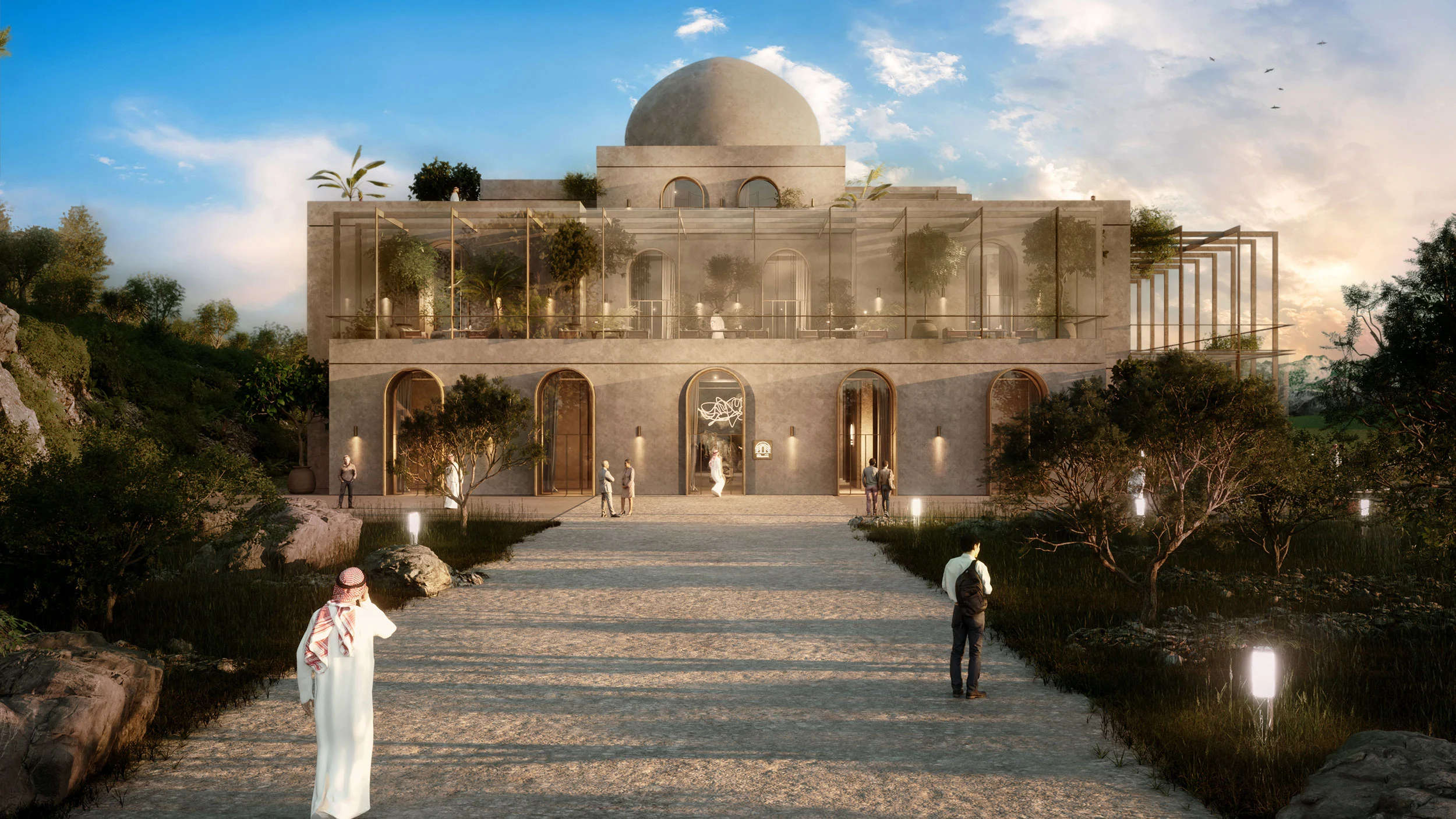 Render of the hotel facade at dusk: domed stone building with arched entrances and a glass terrace, reached by a gravel path – Hotel KSA, Saudi Arabia, 2022 – architecture proposal
