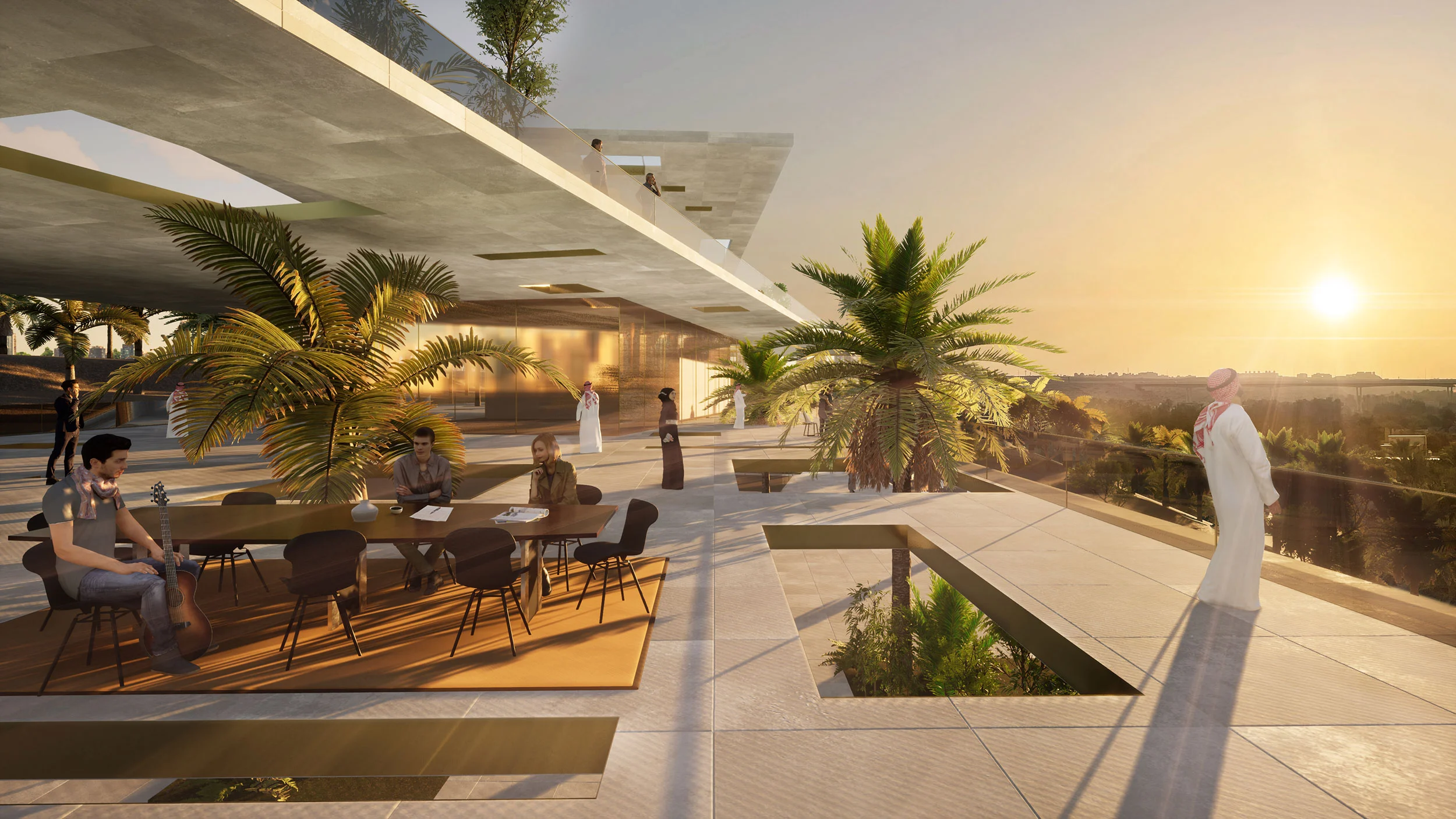 Render of a shaded rooftop terrace at sunset with palms and a long dining table under the cantilevered roof – Riyadh Garden Studios, Saudi Arabia, 2022 – architecture proposal