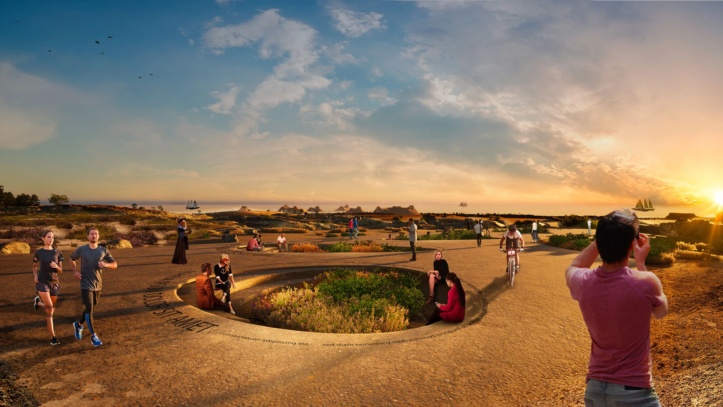 Render of a coastal promenade at sunset with a sunken circular garden, runners and a cyclist – Shushah Island Resort, Saudi Arabia, 2022 – architecture