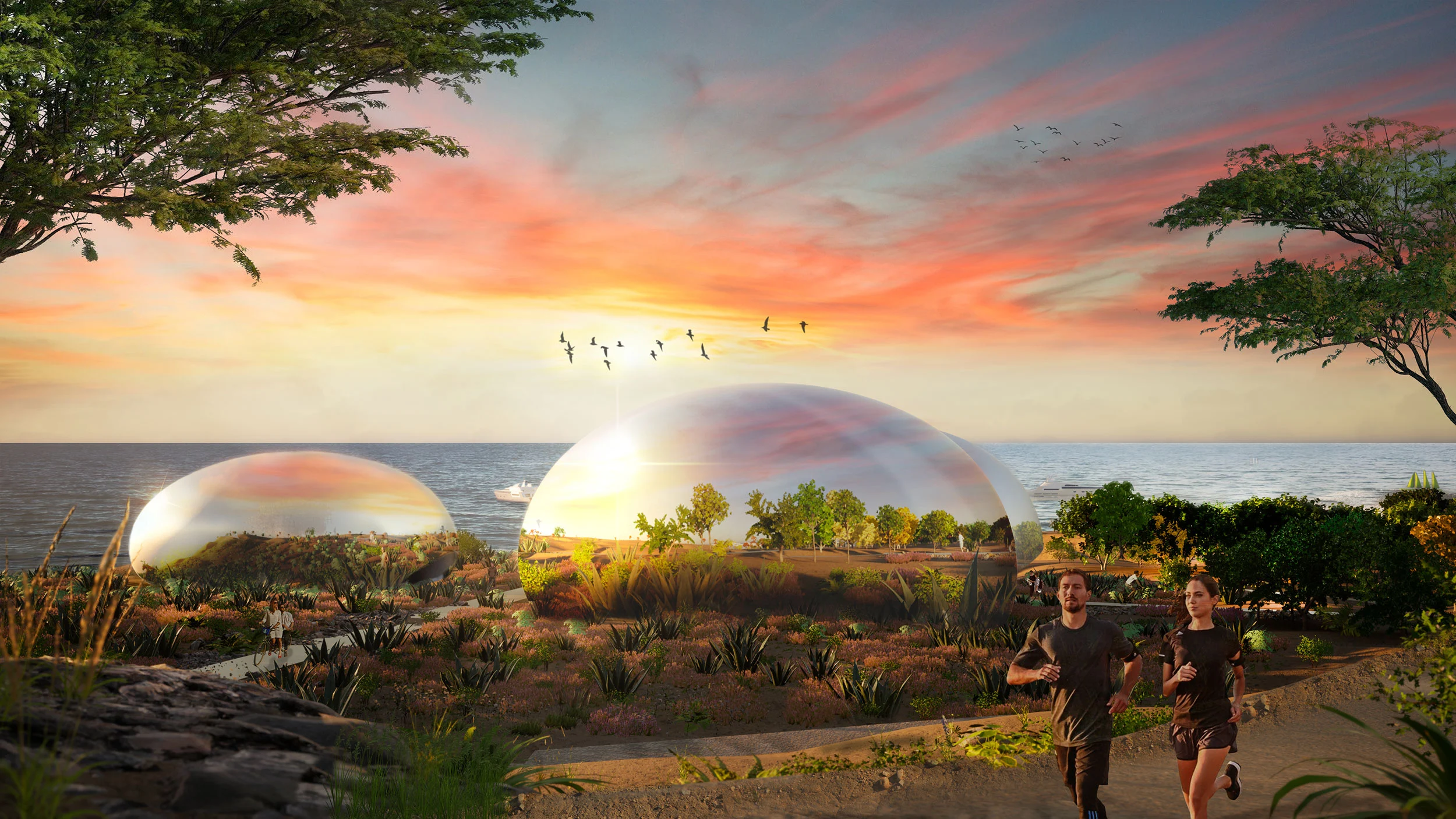 Render of two transparent bubble domes with gardens by the sea at sunset, joggers on a path – Shushah Island Resort, Saudi Arabia, 2022 – architecture