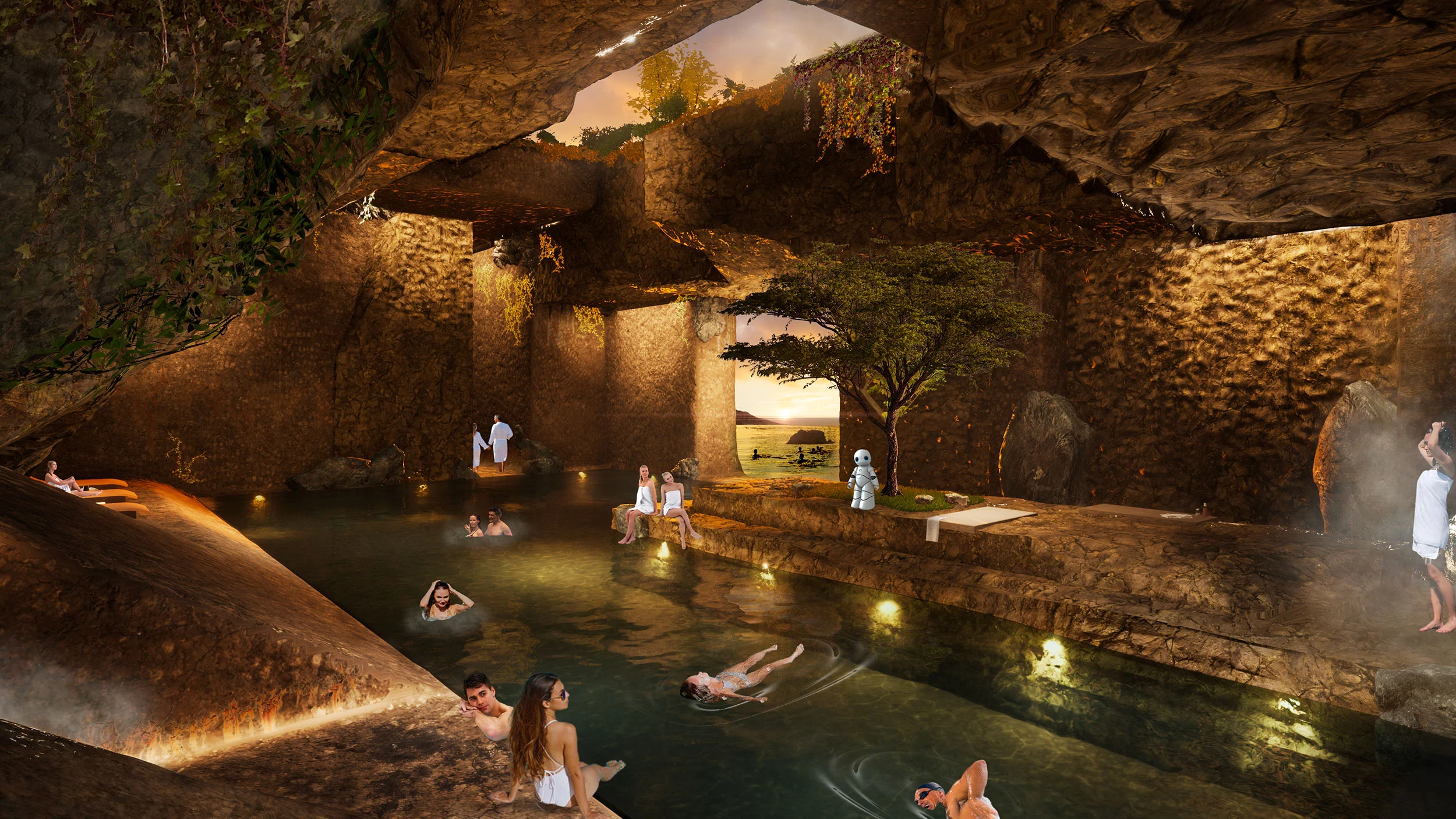 Render of a cave pool with warm lighting, people bathing among rock walls and a tree in the opening – Shushah Island Resort, Saudi Arabia, 2022 – architecture