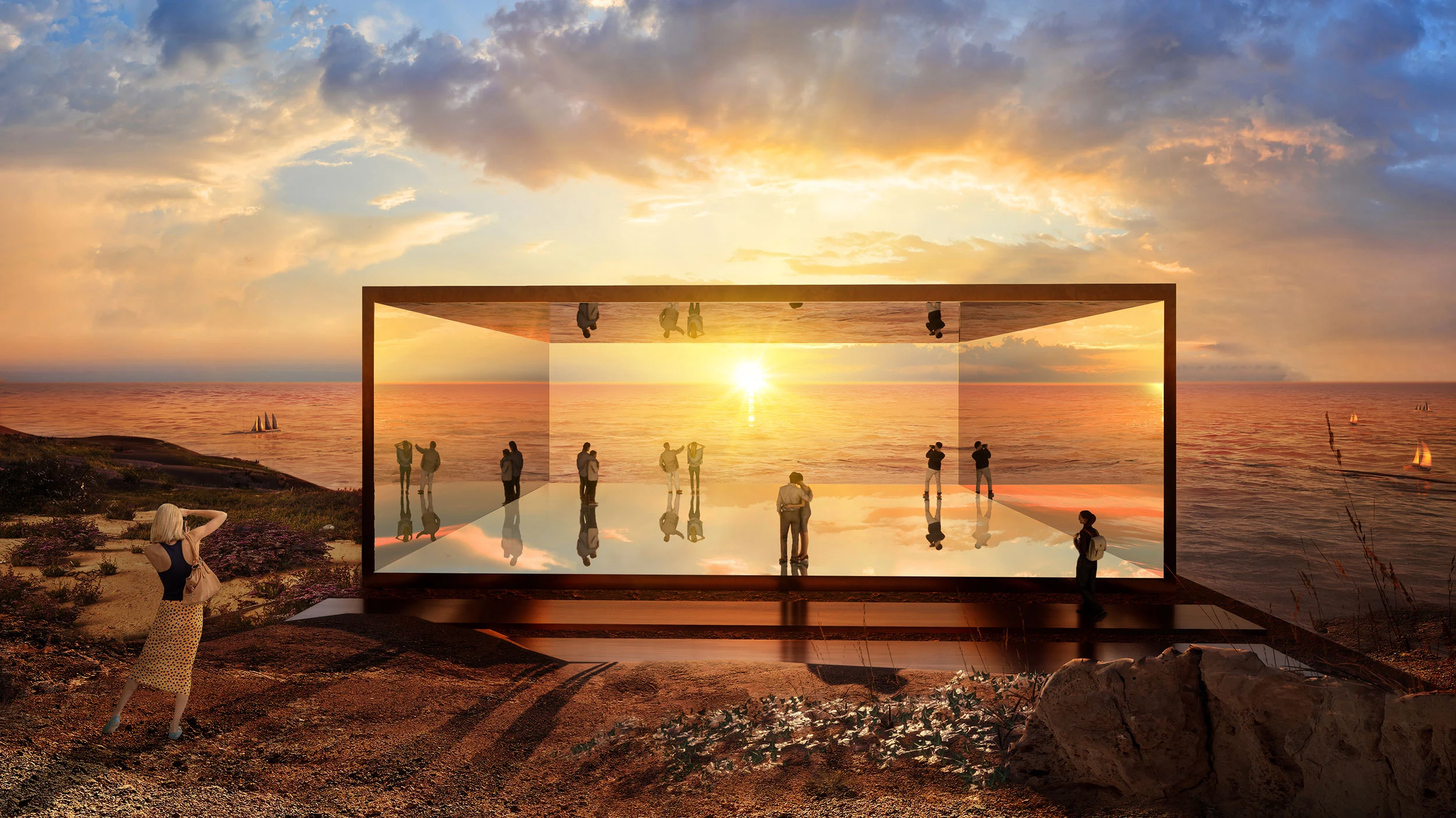 Render of a mirrored glass pavilion on a rocky shore at sunset, reflecting the sea and visitors inside – Shushah Island Resort, Saudi Arabia, 2022 – architecture