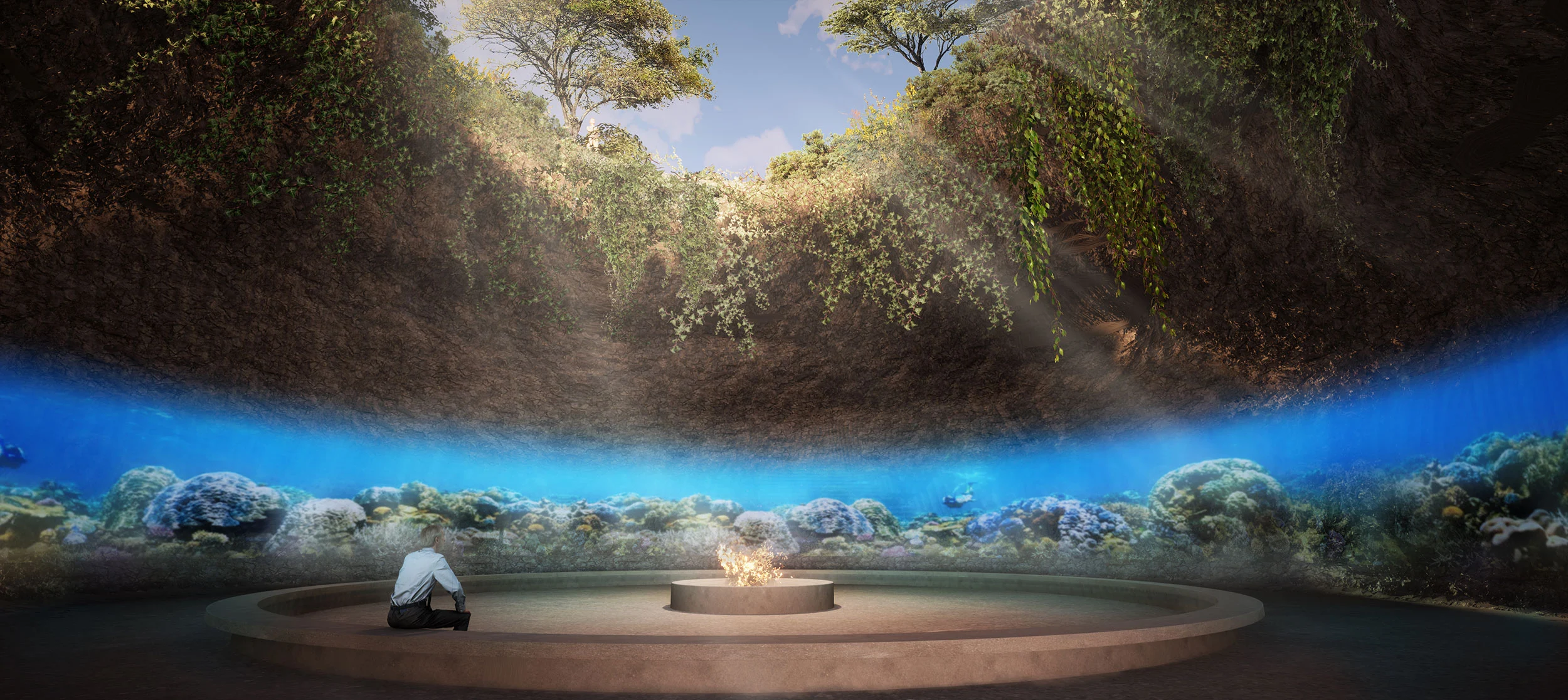 Render of an underground circular space with a fire pit, a coral reef aquarium band and greenery above – Shushah Island Resort, Saudi Arabia, 2022 – architecture