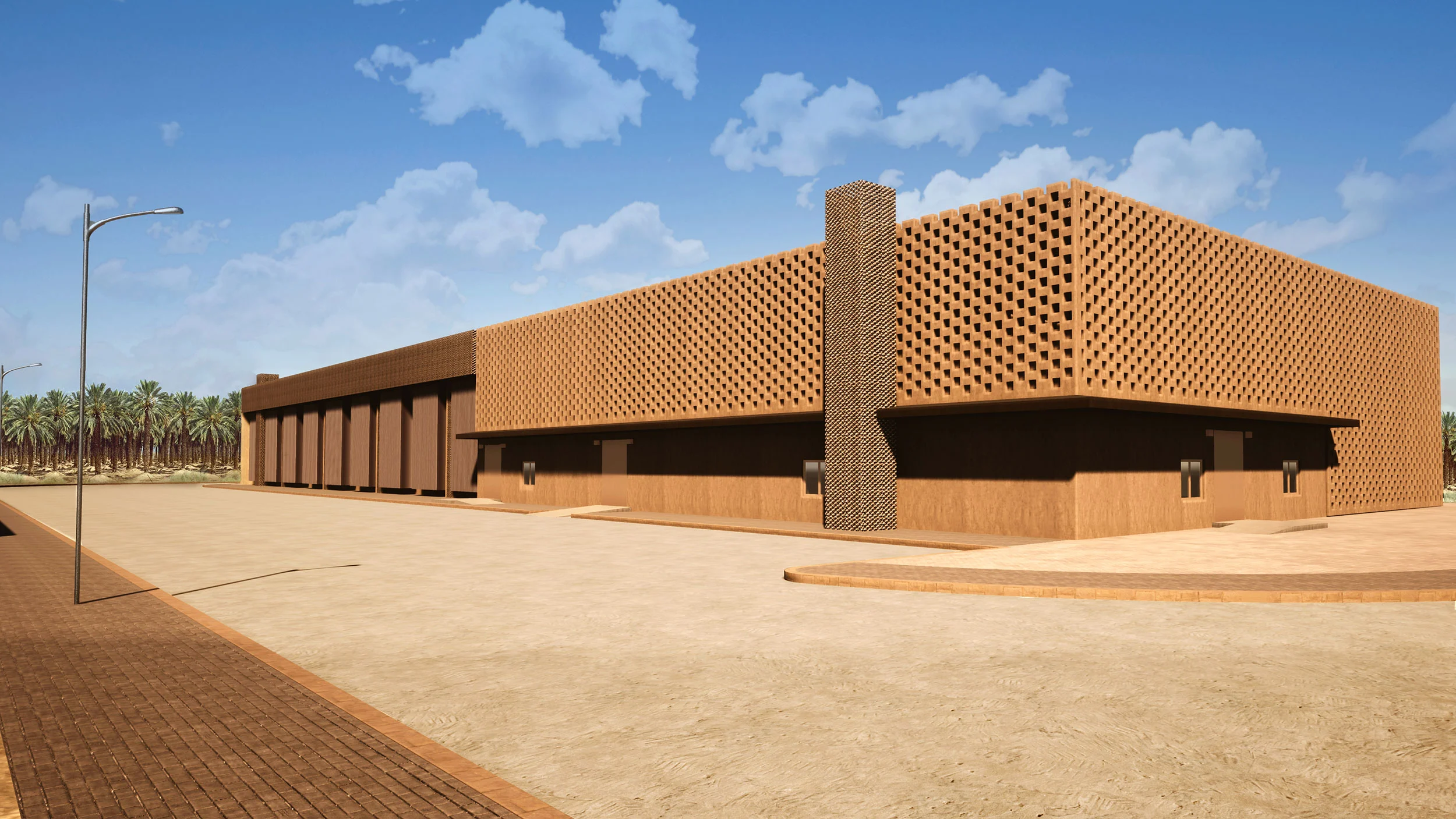 Render of a low building wrapped in a perforated brick screen, with a tall brick chimney and palms behind – Ashar Electrification Project, 2022 – architecture