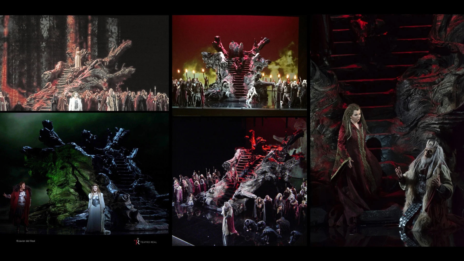 Collage of five Norma scenes showing the tree-root set under red, green and dark lighting – Norma at Teatro Real, Madrid, Spain, 2016 – opera set design