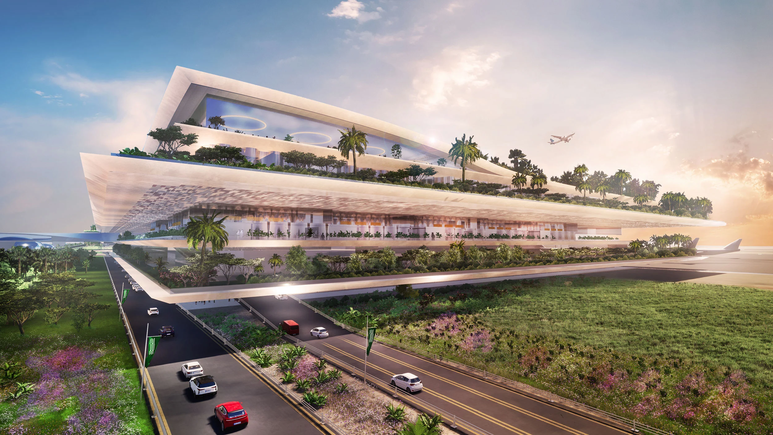 Render of the airport terminal: stacked cantilevered floors planted with palms above a landscaped highway – Hypergarden Airport, 2022 – architecture proposal
