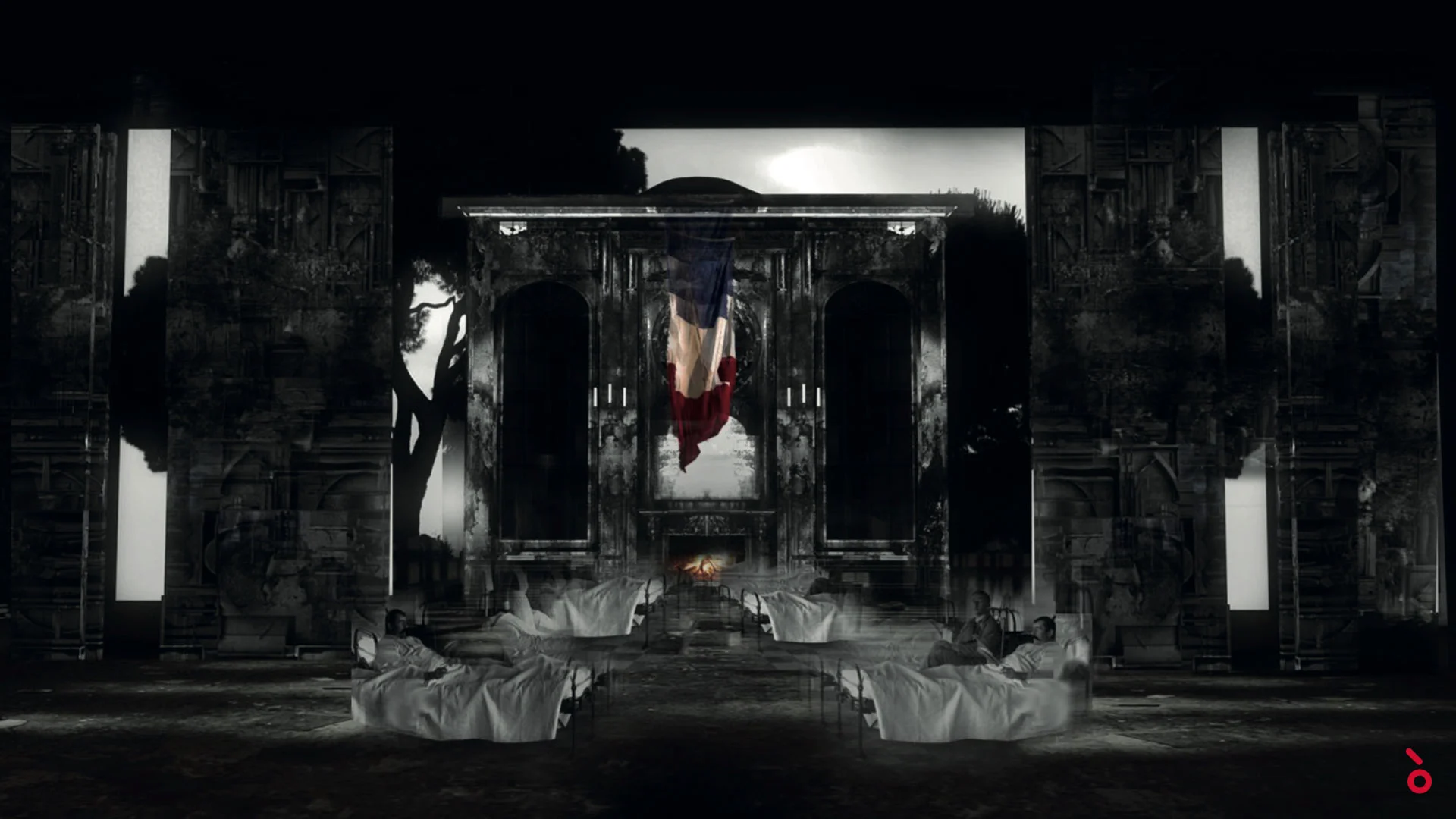 Render of a black-and-white war scene: ruined palace façade, hanging French flag and soldiers on white beds – Adriana Lecouvreur at Opéra de Monte-Carlo, Monte Carlo, Monaco, 2026 – set design