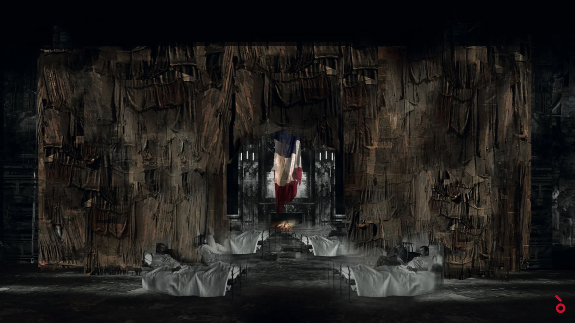 Render variant of the war scene with tattered wall textures around a fireplace, French flag and beds – Adriana Lecouvreur at Opéra de Monte-Carlo, Monte Carlo, Monaco, 2026 – set design