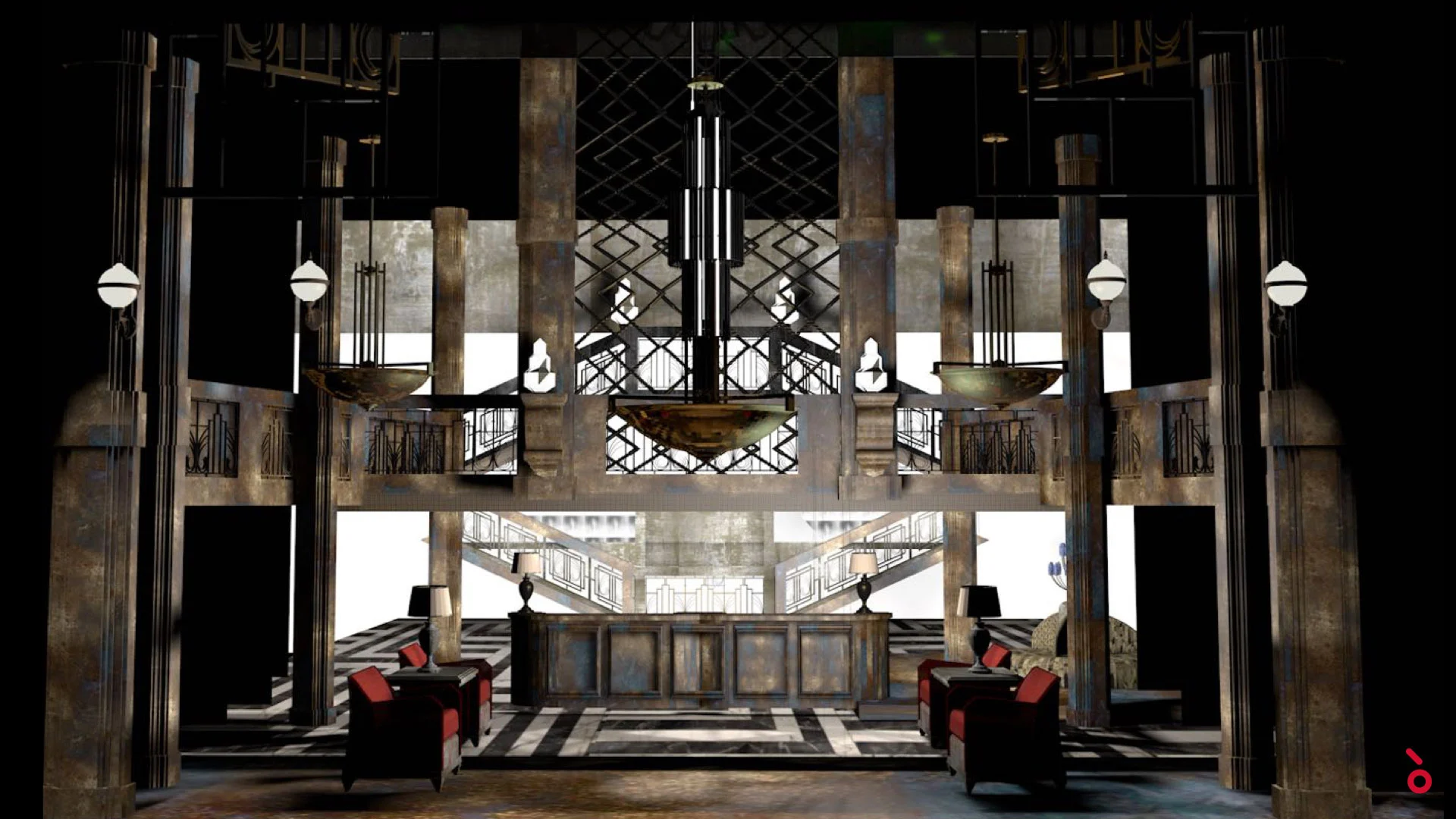 Render of an Art Deco hotel lobby set with stone columns, hanging chandeliers and red armchairs – The Opera! at the Royal Opera House Muscat, Oman, 2019 – set design