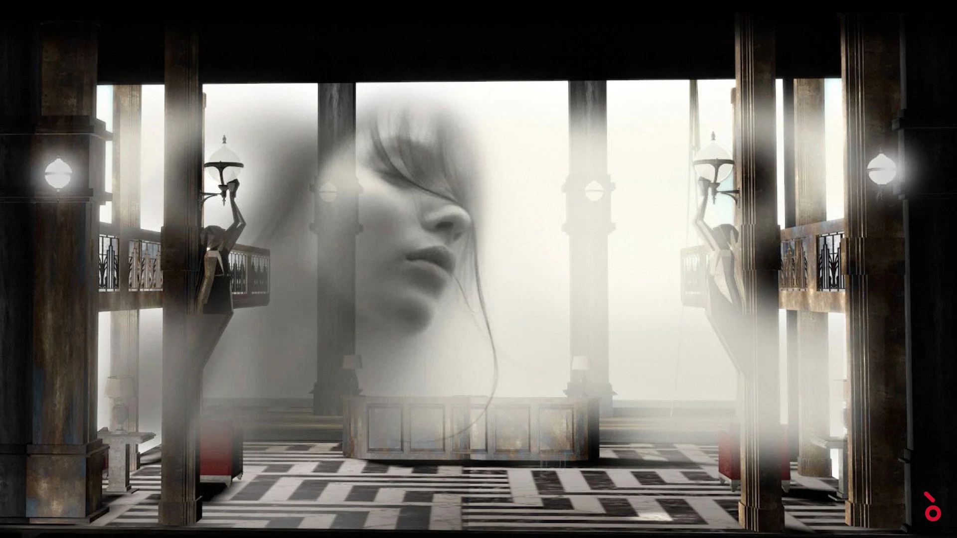 Render of the lobby set with a giant misty projection of a woman's face between dark columns – The Opera! at the Royal Opera House Muscat, Oman, 2019 – set design