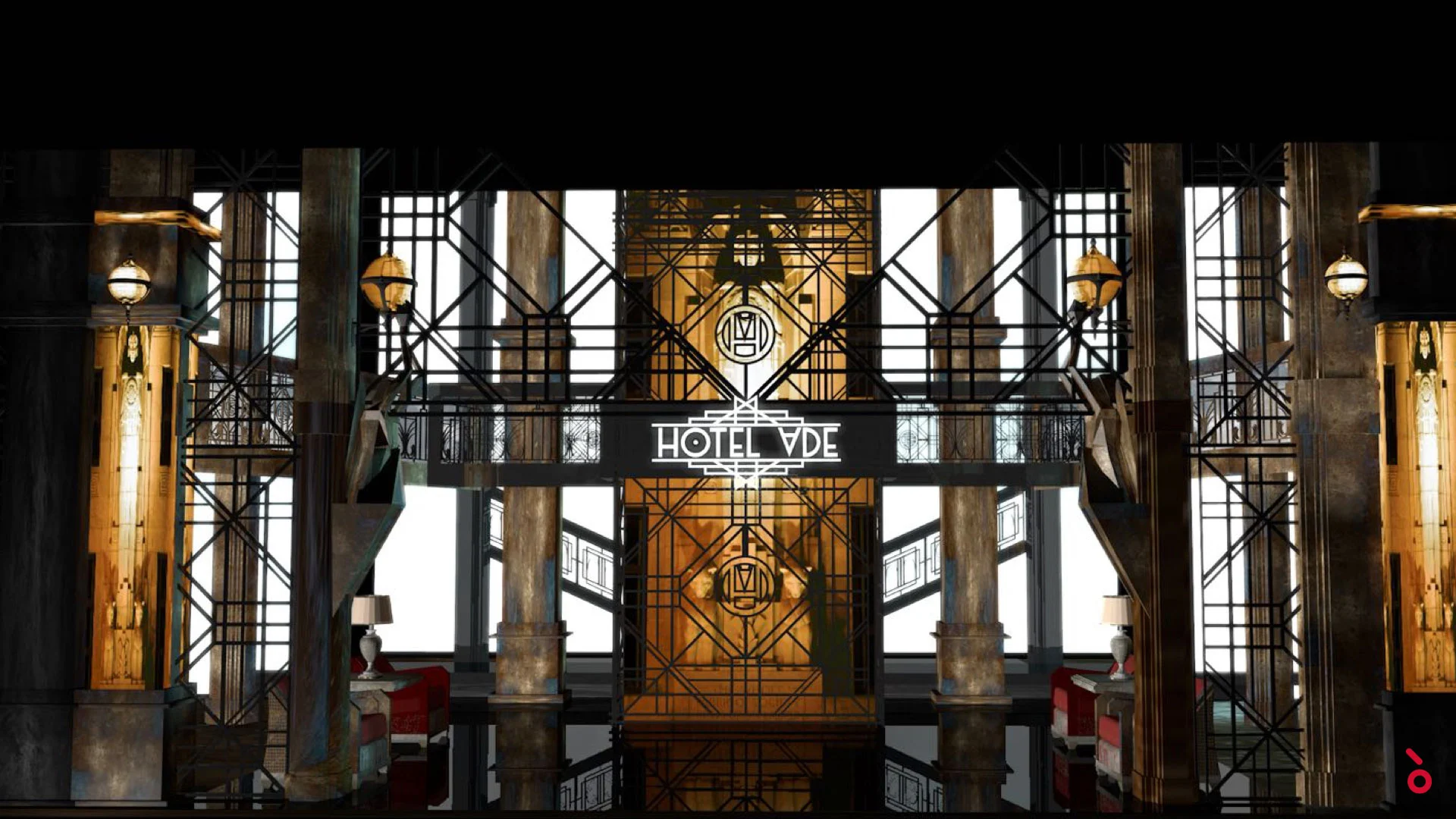 Render of the Hotel Ade facade set: gilded tower, geometric metal grilles and glowing wall lamps – The Opera! at the Royal Opera House Muscat, Oman, 2019 – set design