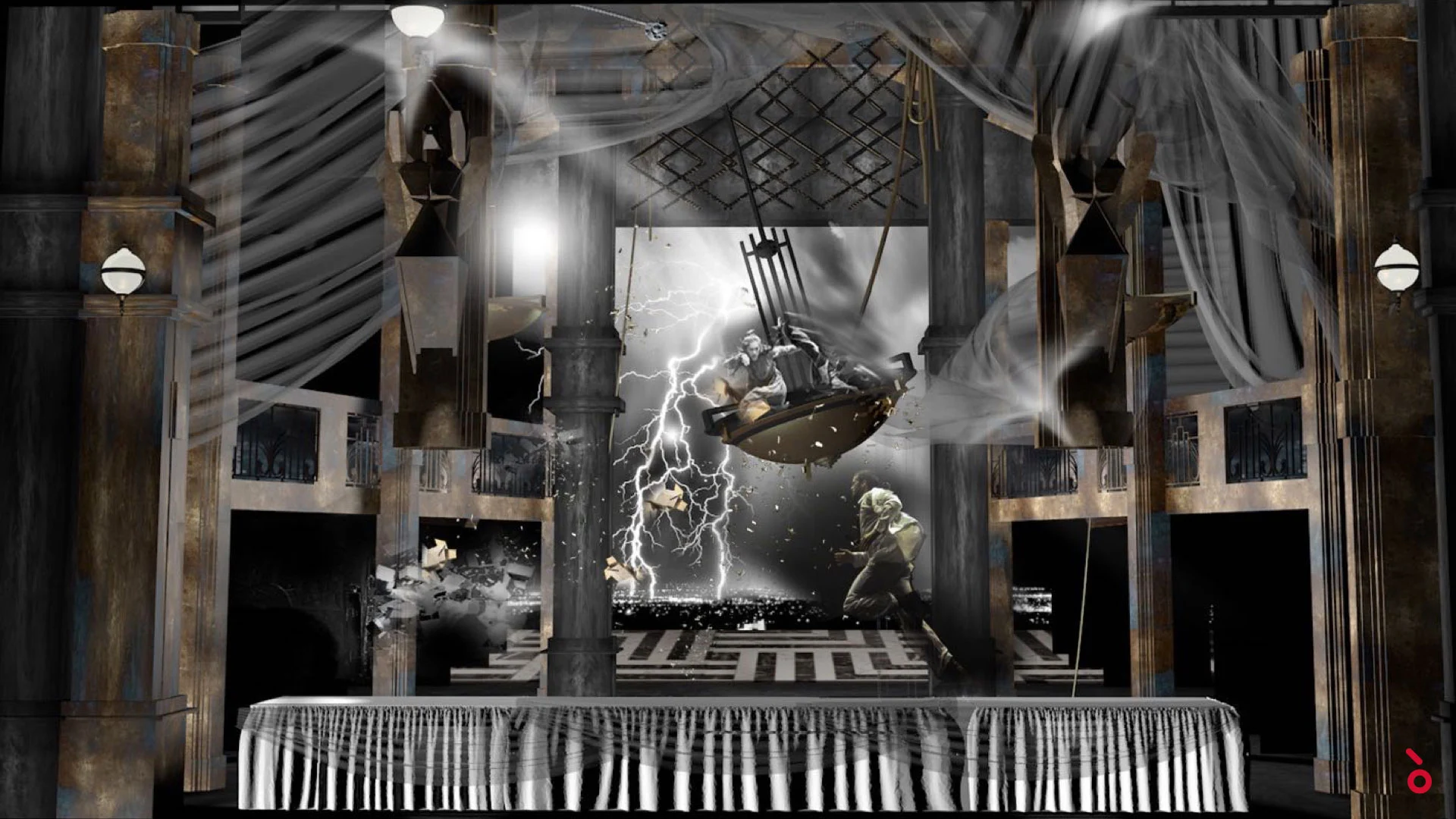 Render of the lobby set in a storm: lightning, billowing curtains and a flying chandelier with figures – The Opera! at the Royal Opera House Muscat, Oman, 2019 – set design