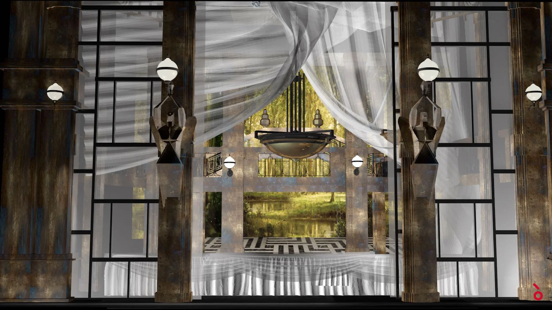 Render of the set with sheer white curtains opening onto a garden and lake between Art Deco columns – The Opera! at the Royal Opera House Muscat, Oman, 2019 – set design