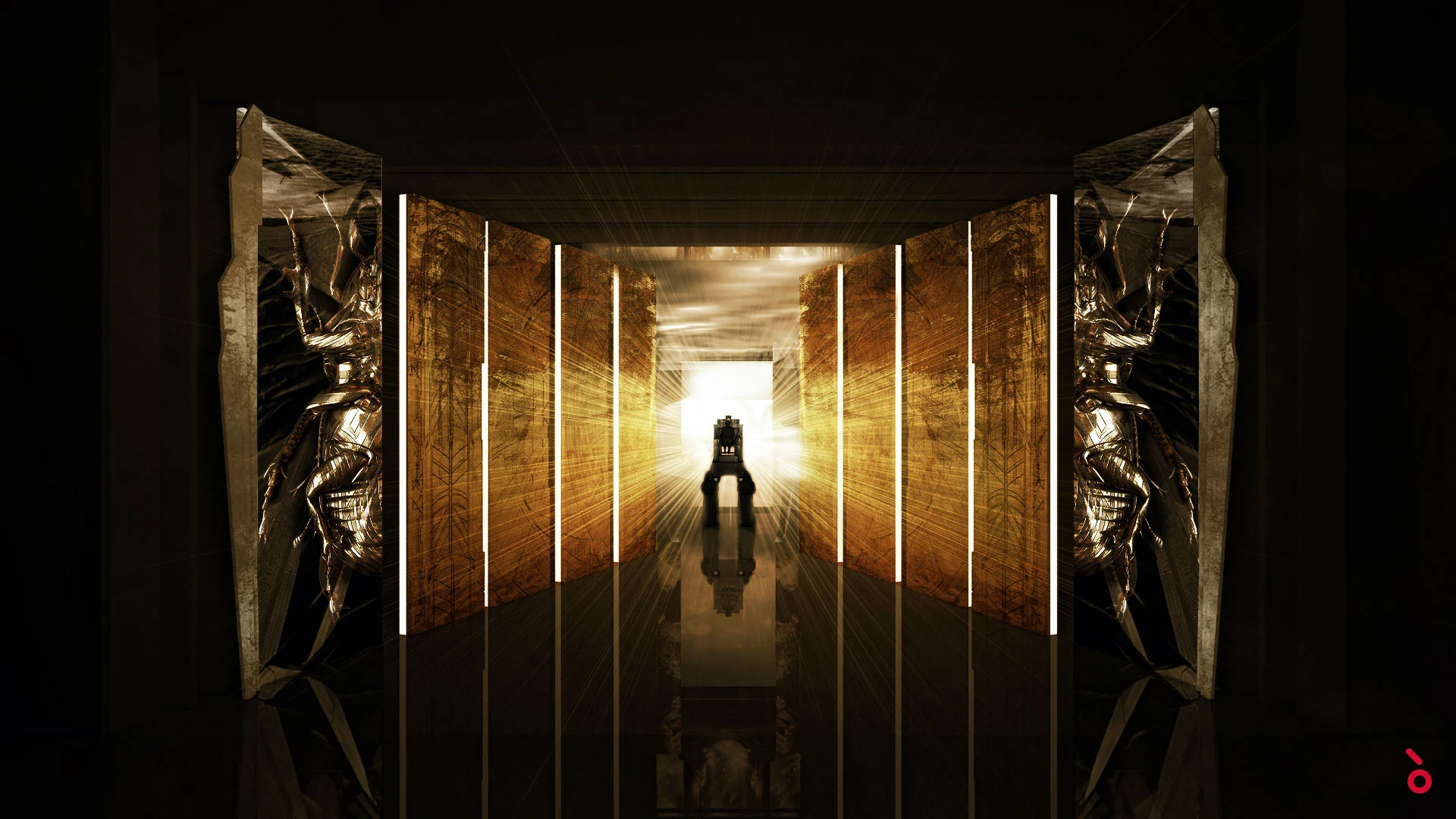 Render of a dark corridor of glowing gold panels leading to a seated statue in bright light – Aida at Sydney Opera House, Australia, 2018 – set design