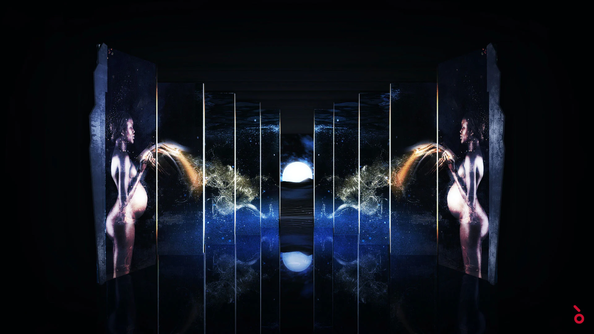 Render of mirrored panels with pregnant figures pouring golden water toward a full moon – Aida at Sydney Opera House, Australia, 2018 – set design
