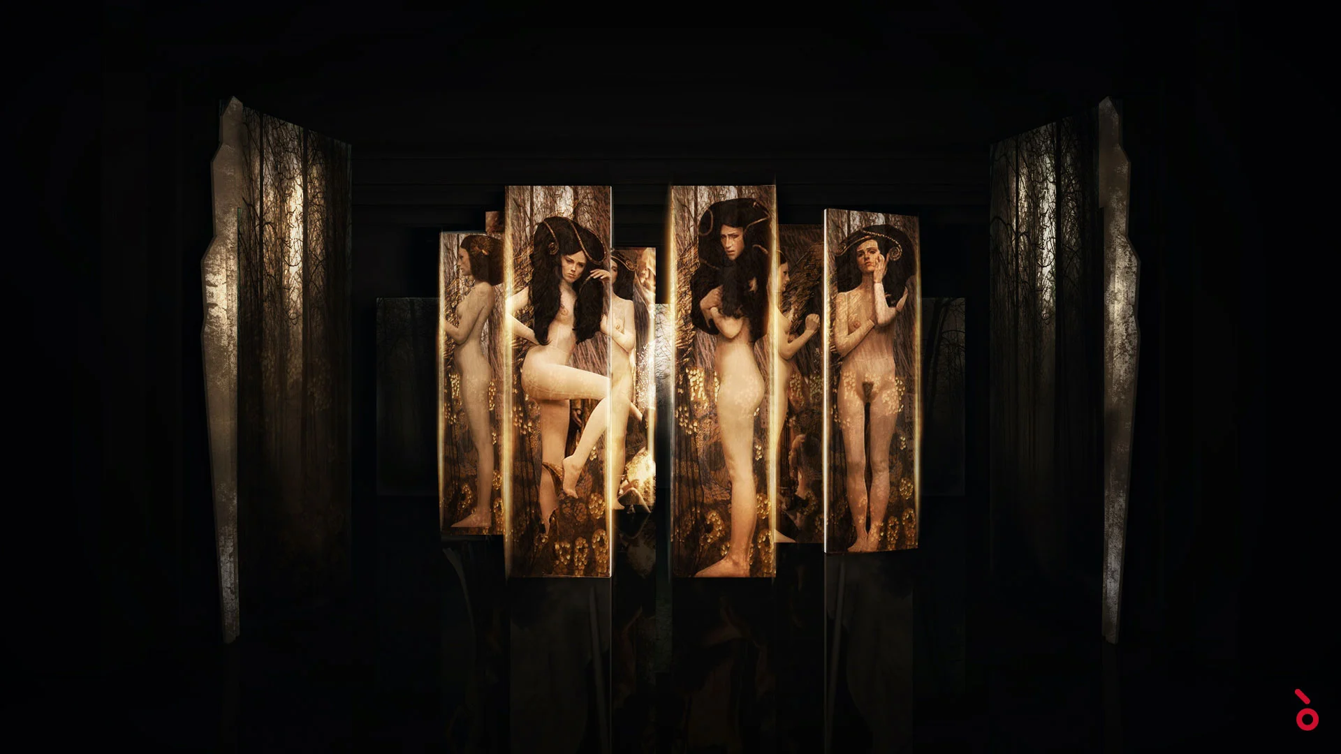 Render of the set's video panels showing nude female figures in a dark corridor – Aida at Sydney Opera House, Australia, 2018 – set design