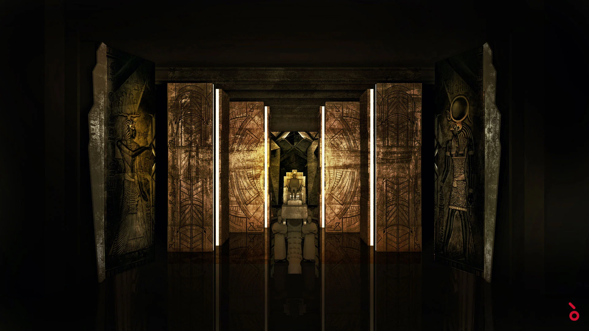 Render of carved bronze panels opening onto a golden throne at the end of a dark corridor – Aida at Sydney Opera House, Australia, 2018 – set design