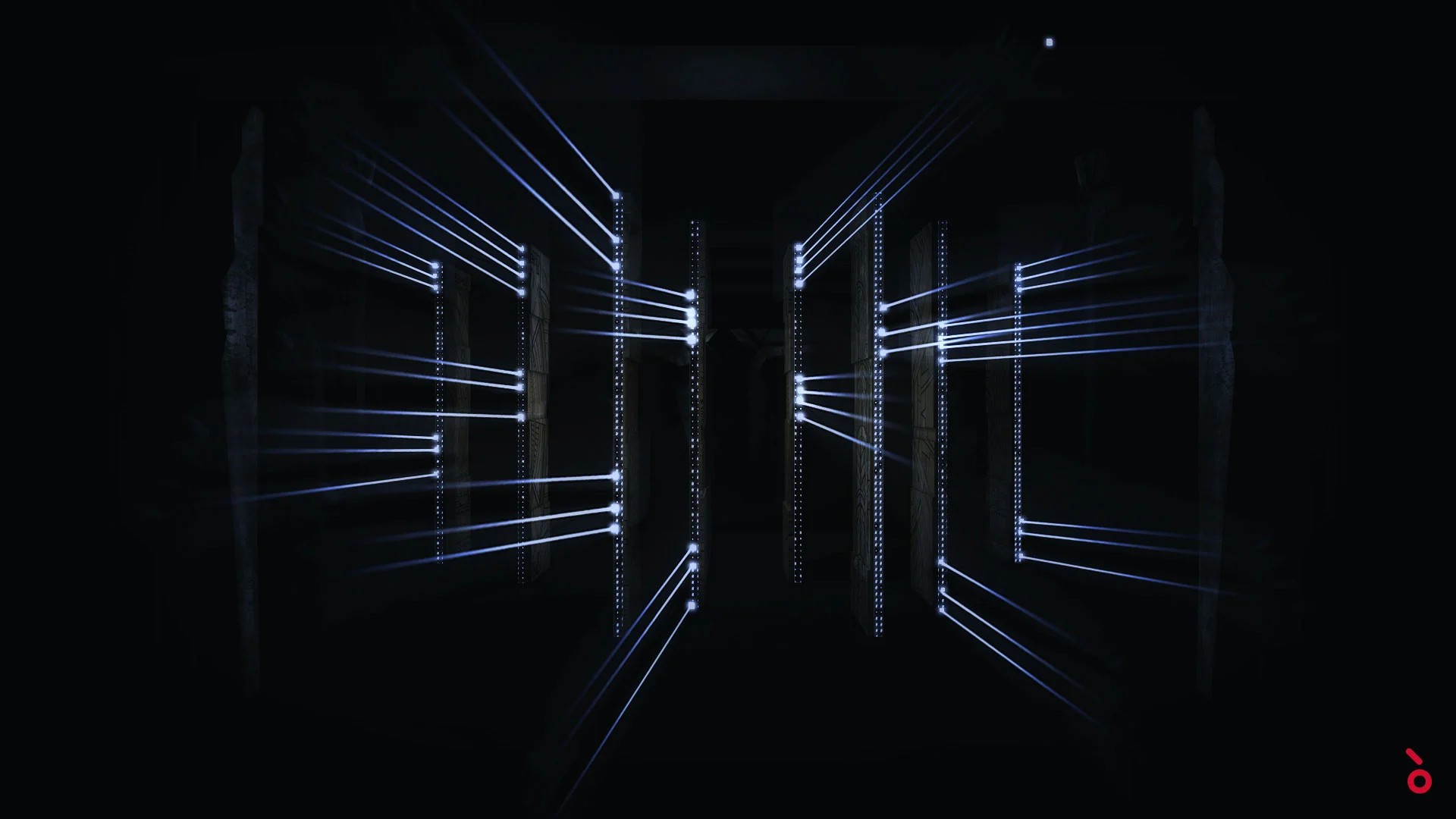 Thin white light beams crossing a dark stage between vertical rows of light points – Aida at Sydney Opera House, Australia, 2018 – set design