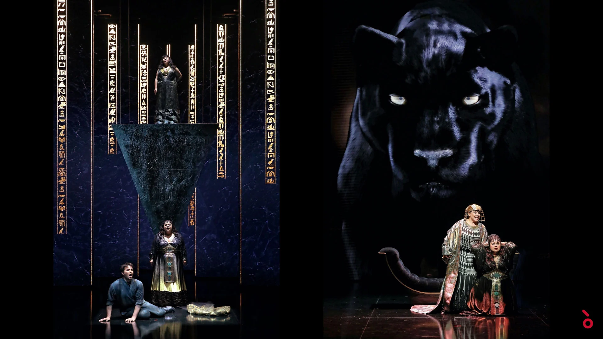 Two scenes side by side: blue hieroglyph screens with a statue, and singers under a black panther – Aida at Sydney Opera House, Australia, 2018 – set design