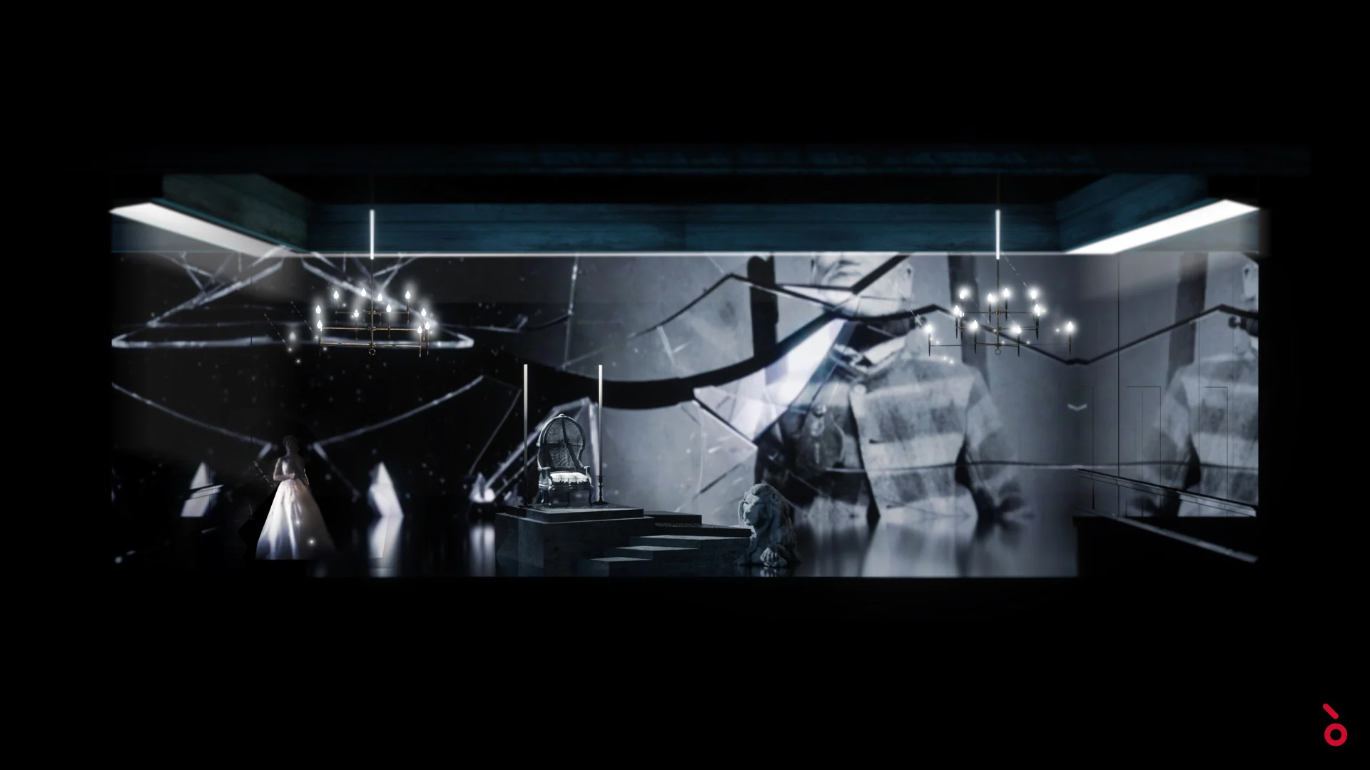 Render of the palace set with shattered-glass projections, chandeliers and a figure in white – Elisabetta, Regina d'Inghilterra at Rossini Opera Festival, Pesaro, Italy, 2021 – set design