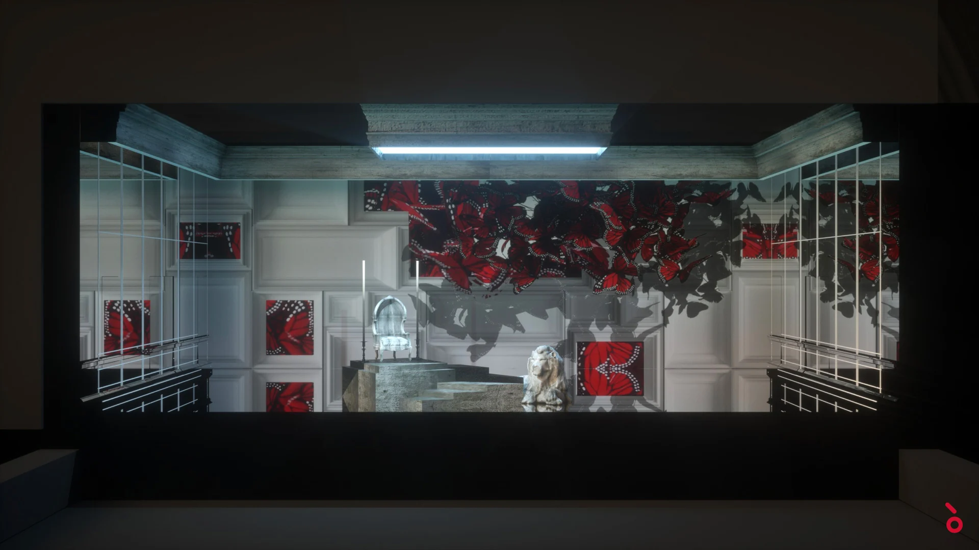 Render of the glass-walled palace set with red floral projections and a throne on steps – Elisabetta, Regina d'Inghilterra at Rossini Opera Festival, Pesaro, Italy, 2021 – set design