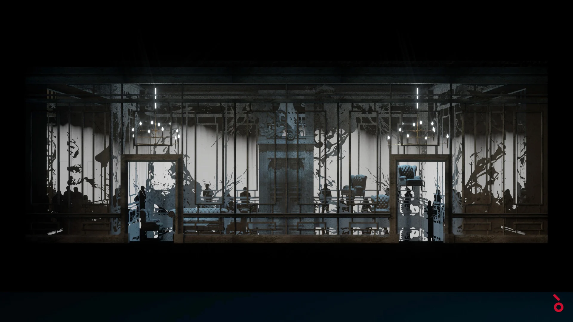 Render of the palace set as a multi-room interior with chandeliers and figures behind glass – Elisabetta, Regina d'Inghilterra at Rossini Opera Festival, Pesaro, Italy, 2021 – set design