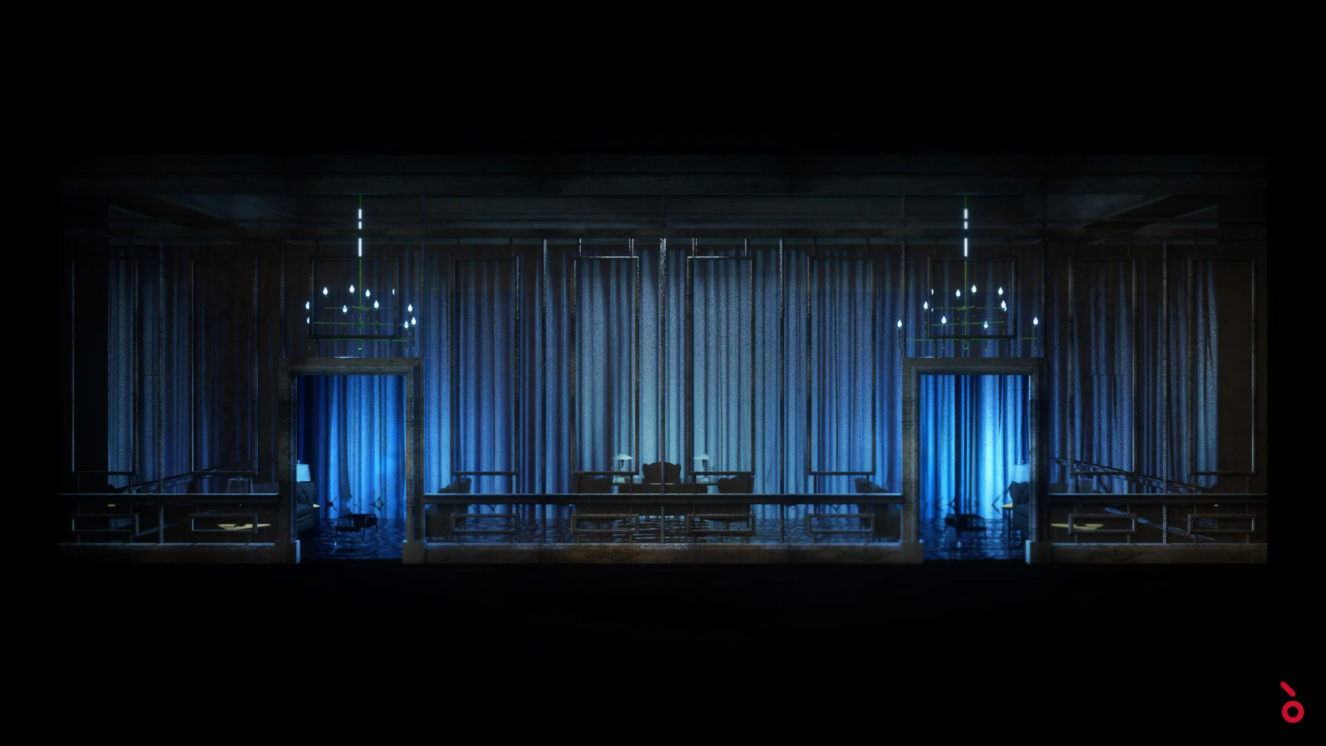 Render of the palace set in blue light, with curtains, chandeliers and a central desk – Elisabetta, Regina d'Inghilterra at Rossini Opera Festival, Pesaro, Italy, 2021 – set design