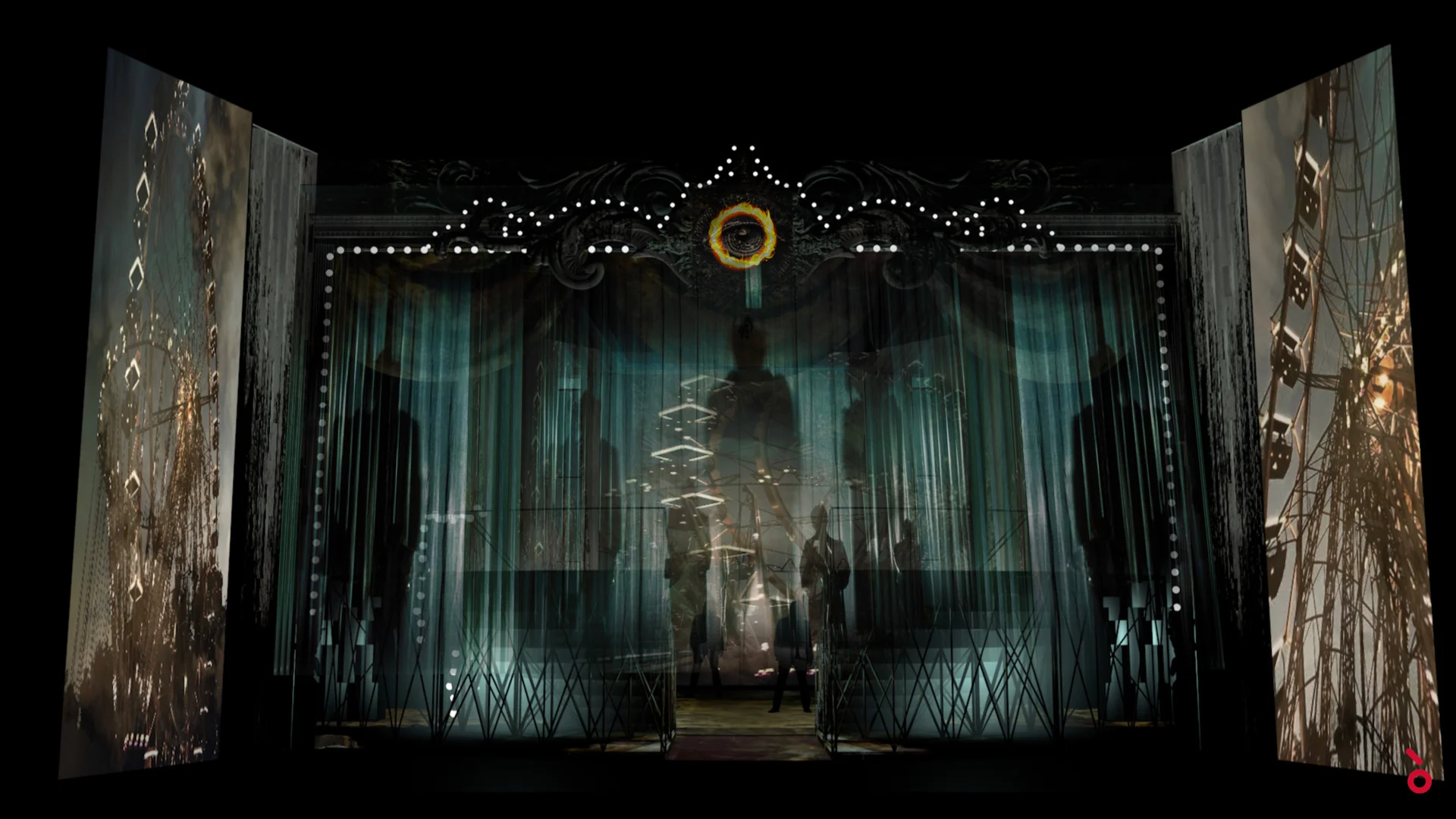 Render of a dark scene with silhouettes behind teal translucent curtains, an ornate lit frame and Ferris wheel panels – Il Trovatore at Sydney Opera House, Australia, 2022 – set design