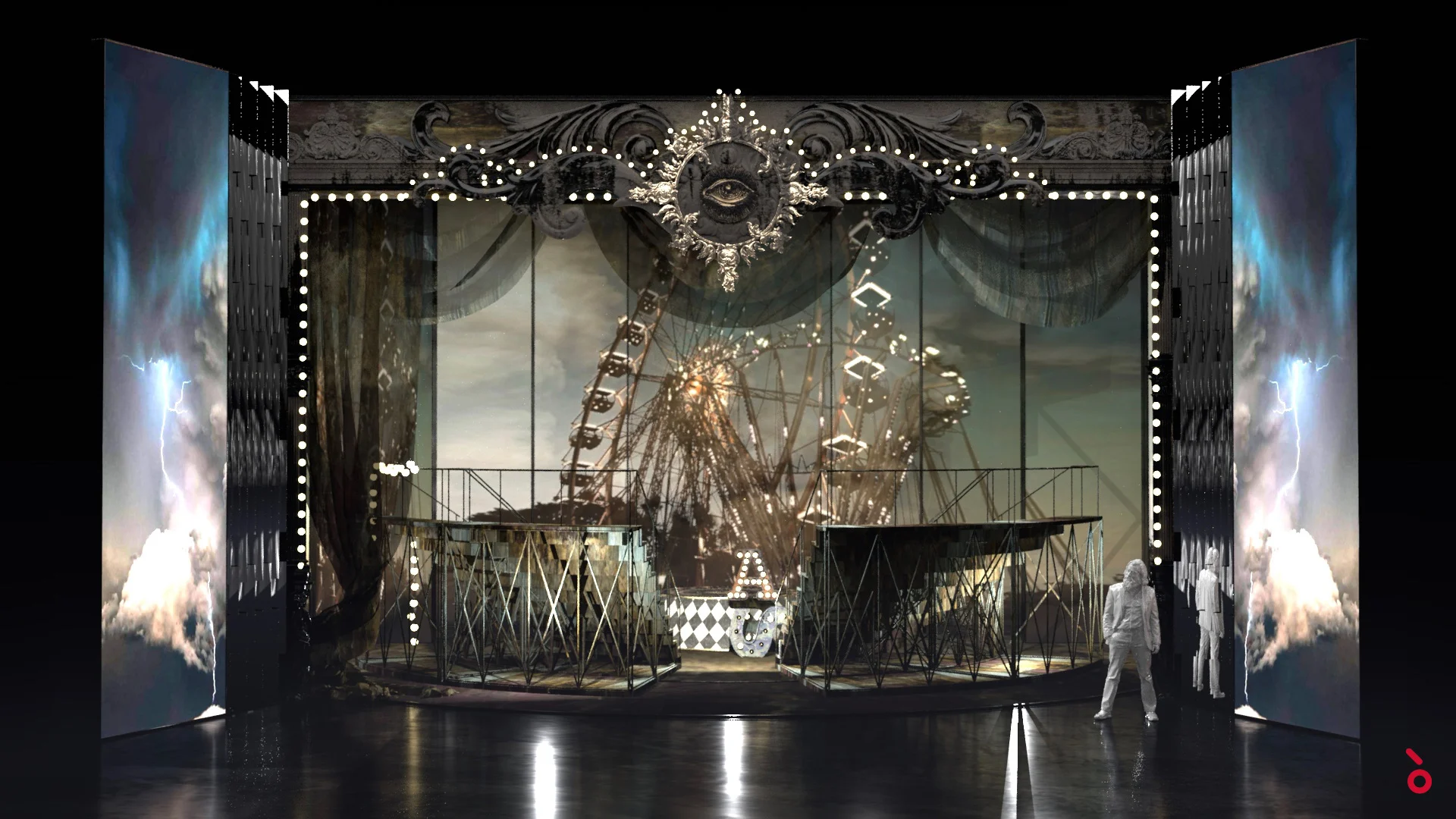 Render of a Ferris wheel scene behind metal platforms, framed by lit drapes and lightning on the side screens – Il Trovatore at Sydney Opera House, Australia, 2022 – set design