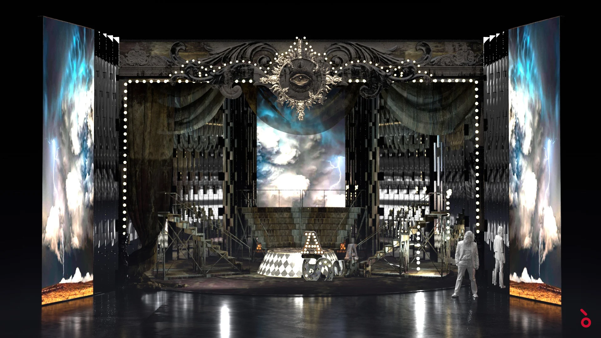 Render of the circus set with a stormy sky video, side stairways and a checkered podium framed by marquee lights – Il Trovatore at Sydney Opera House, Australia, 2022 – set design
