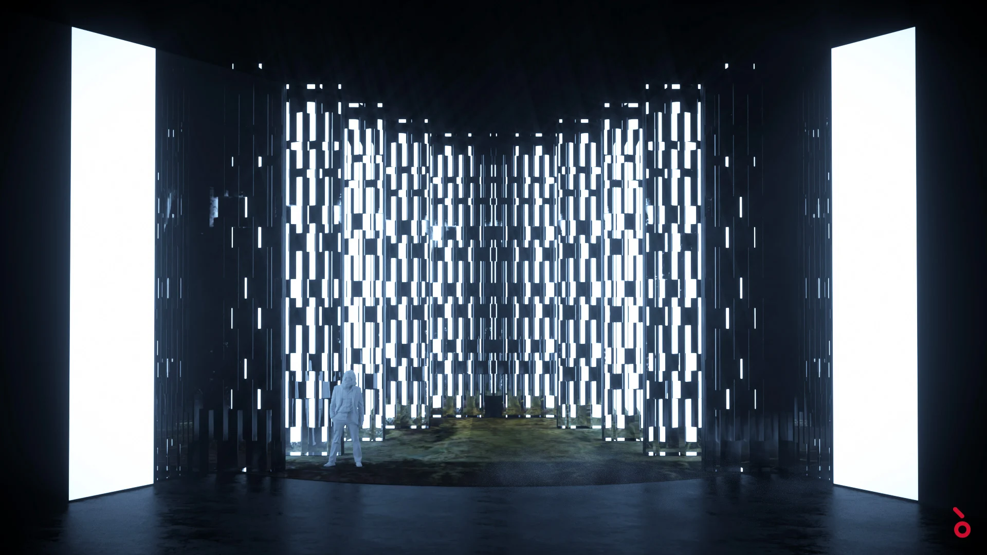 Render of a dark stage enclosed by flickering white light strips, a lone figure standing at the centre – Il Trovatore at Sydney Opera House, Australia, 2022 – set design
