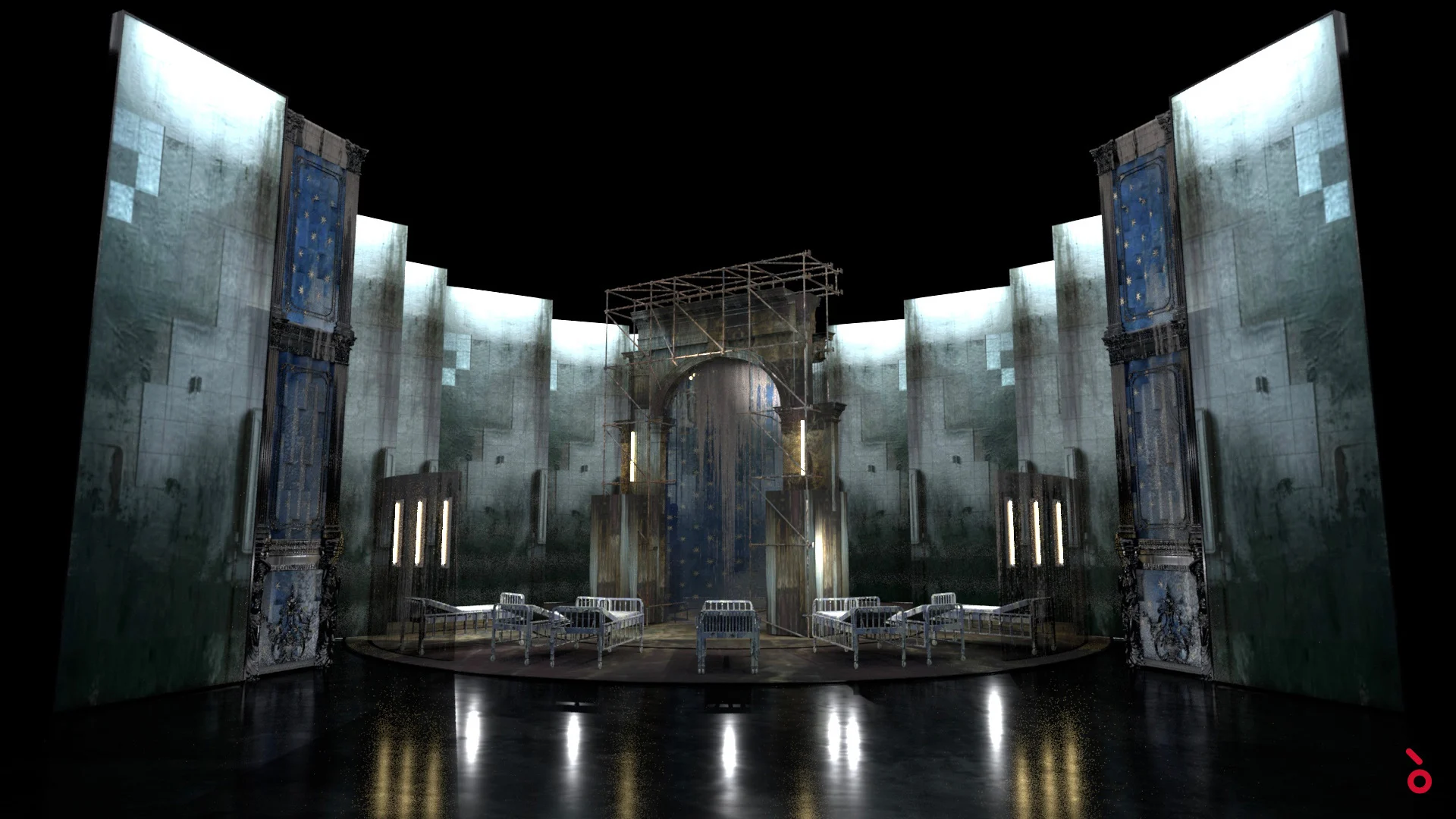 Render of the set: curved wall of screens showing ruined walls around a scaffolded arch, with hospital beds on stage – Il Trovatore at Sydney Opera House, Australia, 2022 – set design