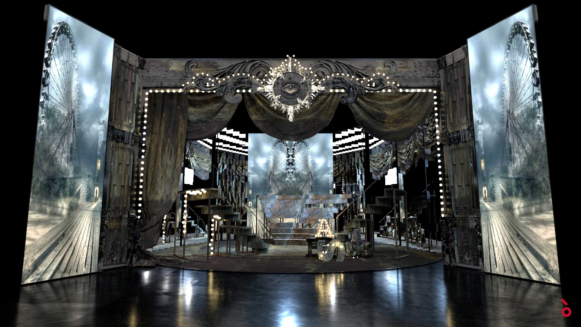 Render of the circus set: ornate proscenium framed by marquee lights and drapes, Ferris wheel images on the side panels – Il Trovatore at Sydney Opera House, Australia, 2022 – set design