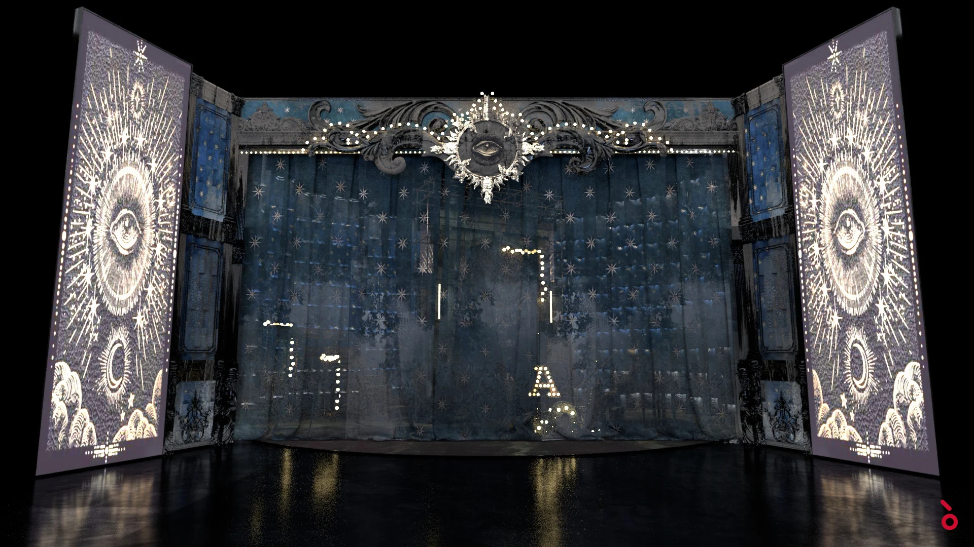 Render of the set with a starry curtain, a glowing eye emblem above and tarot-card designs on the side panels – Il Trovatore at Sydney Opera House, Australia, 2022 – set design