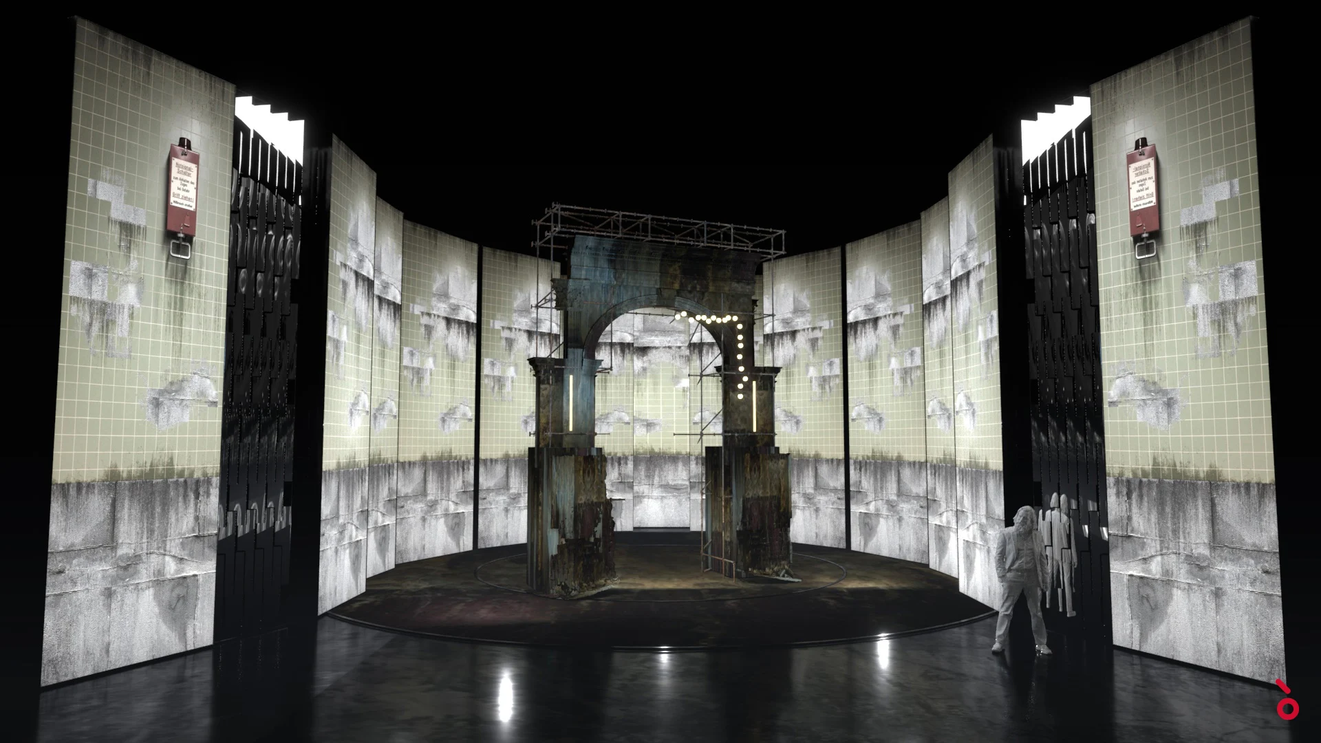 Render of the set with pale tiled screens showing crumbling walls around a scaffolded ruined arch – Il Trovatore at Sydney Opera House, Australia, 2022 – set design